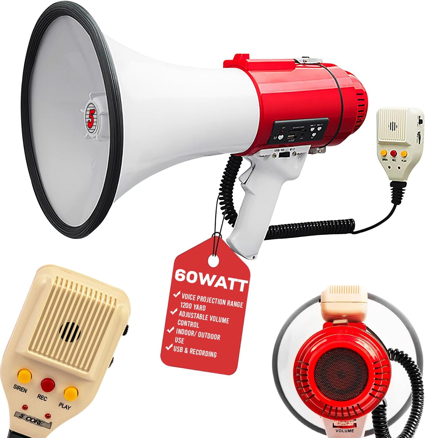 5 CORE Megaphone 60W Bull Horn Professional PA Speaker w 1200 Yards Range Loud Siren Voice Amplifier USB/SD/3.5mm Aux Portable Megafono - 77SF