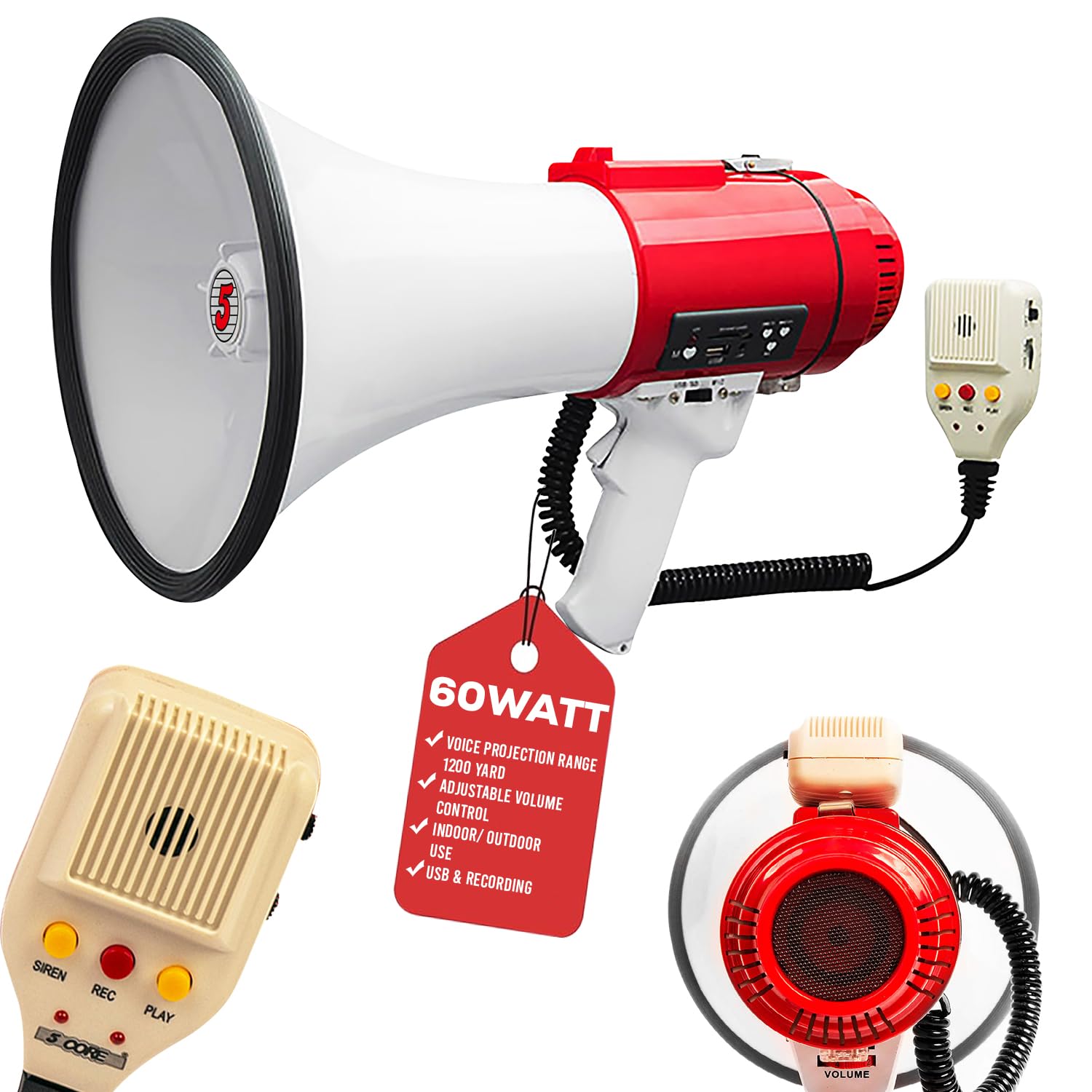5 CORE Megaphone 60W Bull Horn Professional PA Speaker w 1200 Yards Range Loud Siren Voice Amplifier USB/SD/3.5mm Aux Portable Megafono - 77SF