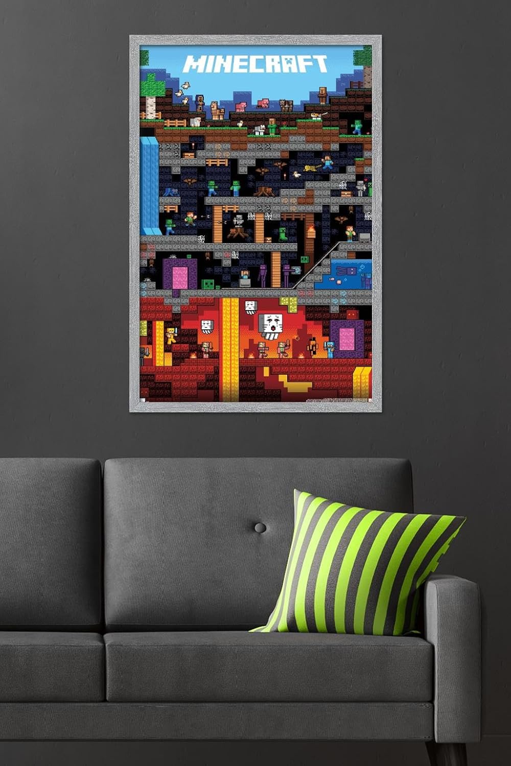Minecraft - Worldly Wall Poster, 34L" x 22.4W", Gray Framed Version