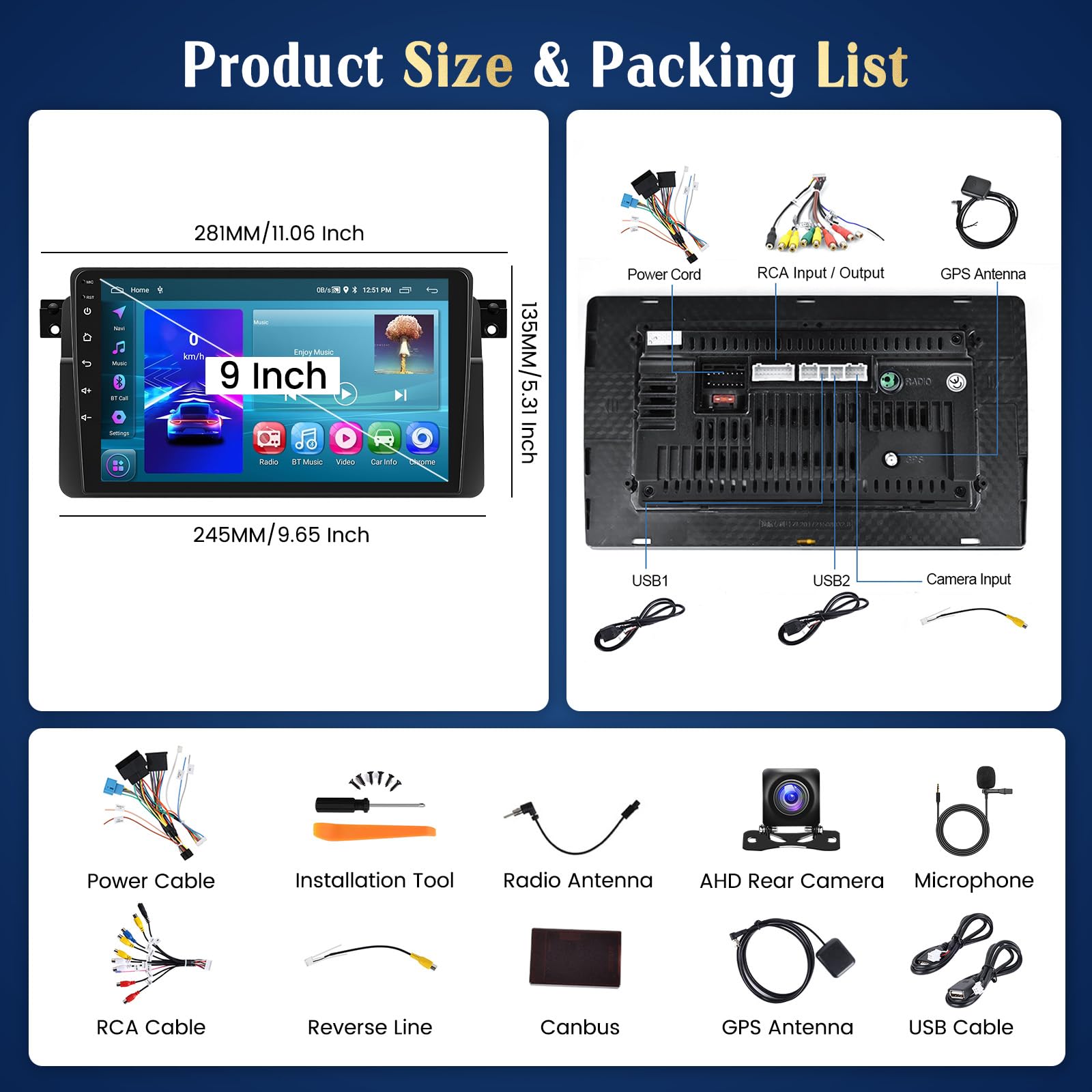Hikity 2+64G 9" Radio Android para BMW E46 1999-2005 CarPlay