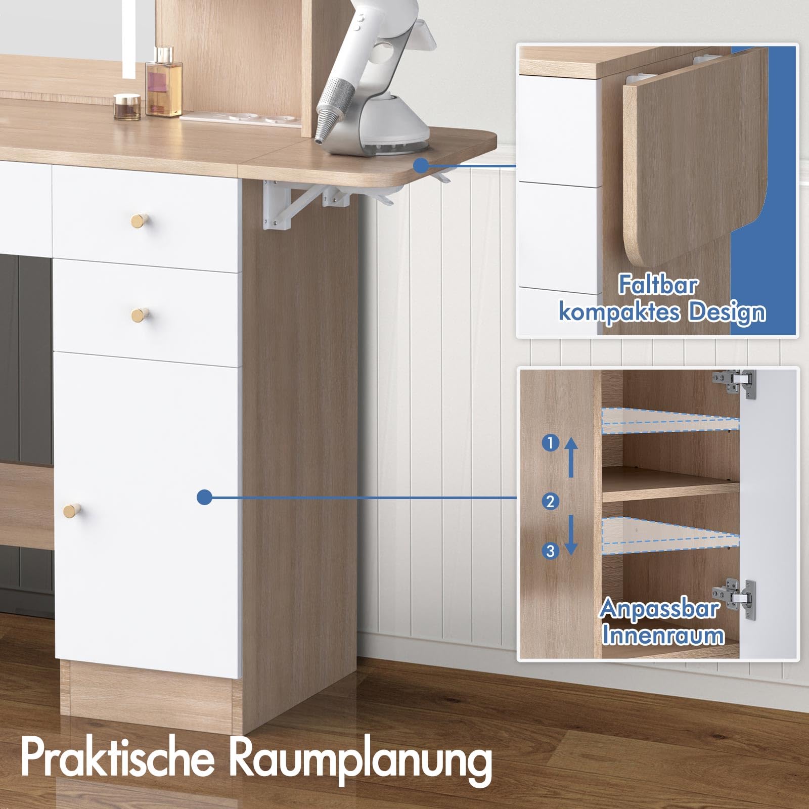 ALFORDSON Schminktisch mit Beleuchtung, Hocker, 6 Offene Regale, Eiche