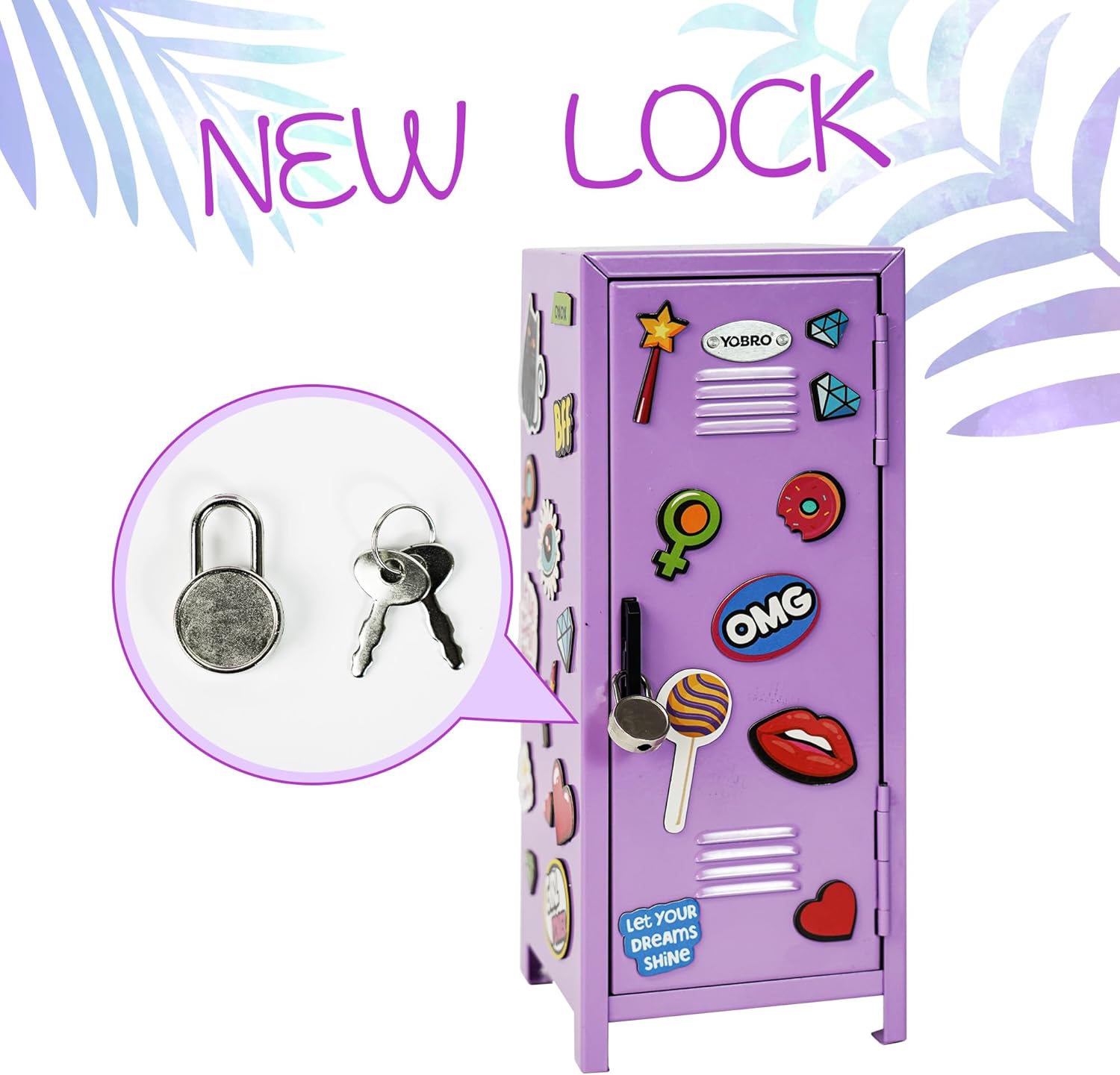YOBRO Mini Locker with Lock and 2 Keys, 24PCS Magnetic Stickers, Miniature Storage Locker for Desk, Home, Bedroom, Office, Purple