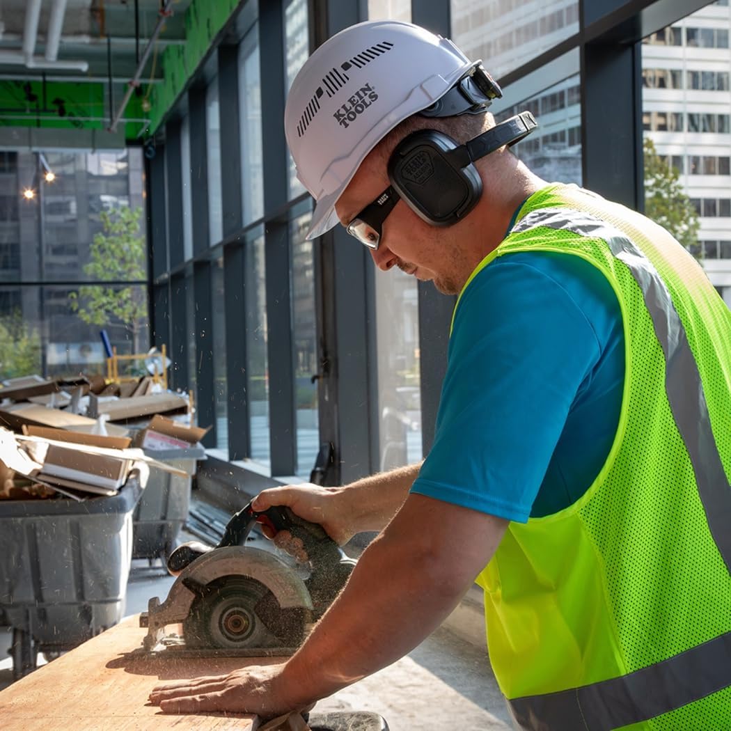 Klein Tools AESBH1 Behind-the-Head Bluetooth Ear muffs,NRR 23dB Hearing Protection, Works with Hard Hat, 70hr Runtime, for Loud Jobsites