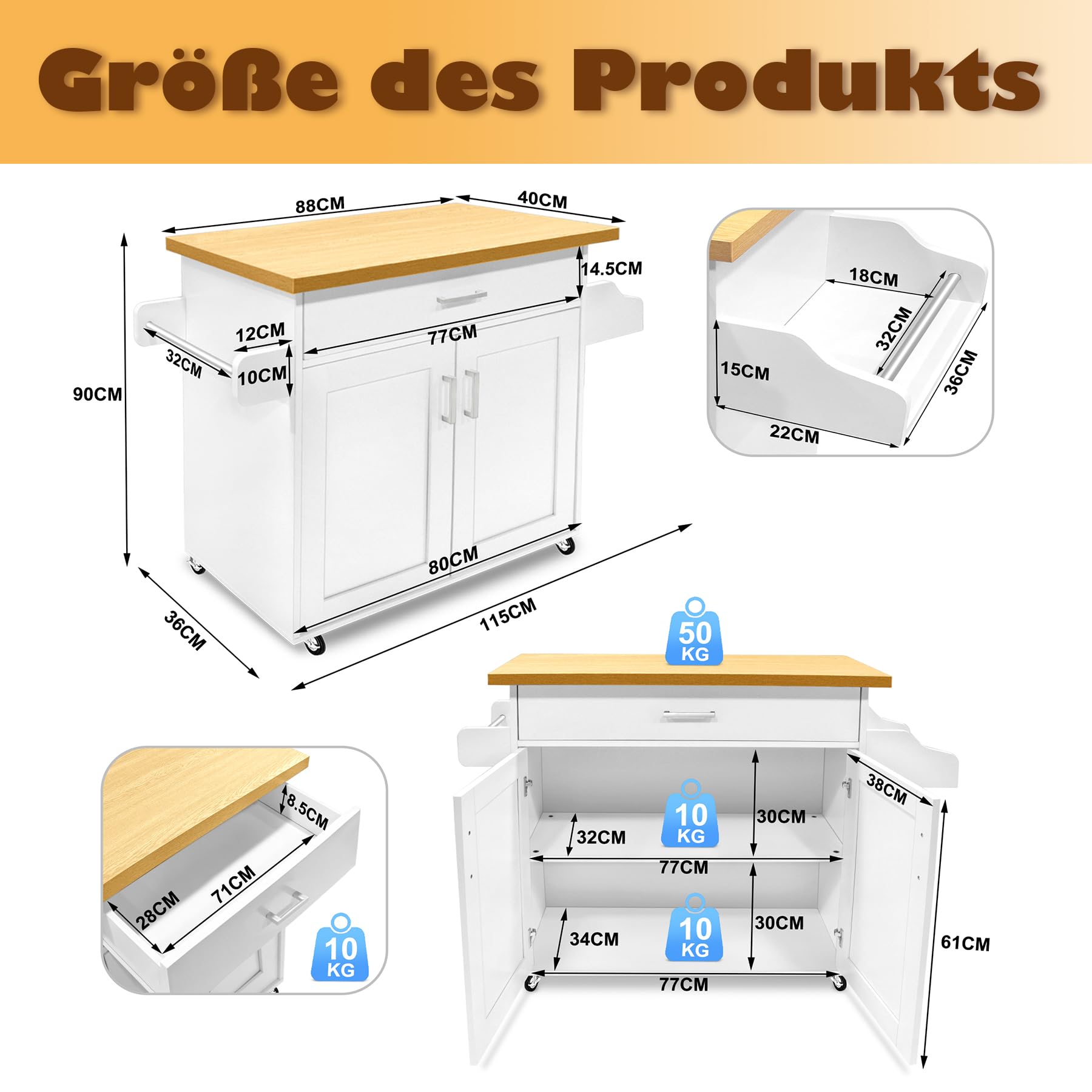 Froadp Carrello da Cucina Mobile Carrello Portavivande con Rotelle Isola da Cucina Freestanding con Cassetto Portasciugamani e Portaspezie Carrello Multifunzionale per Ristorante Caffè