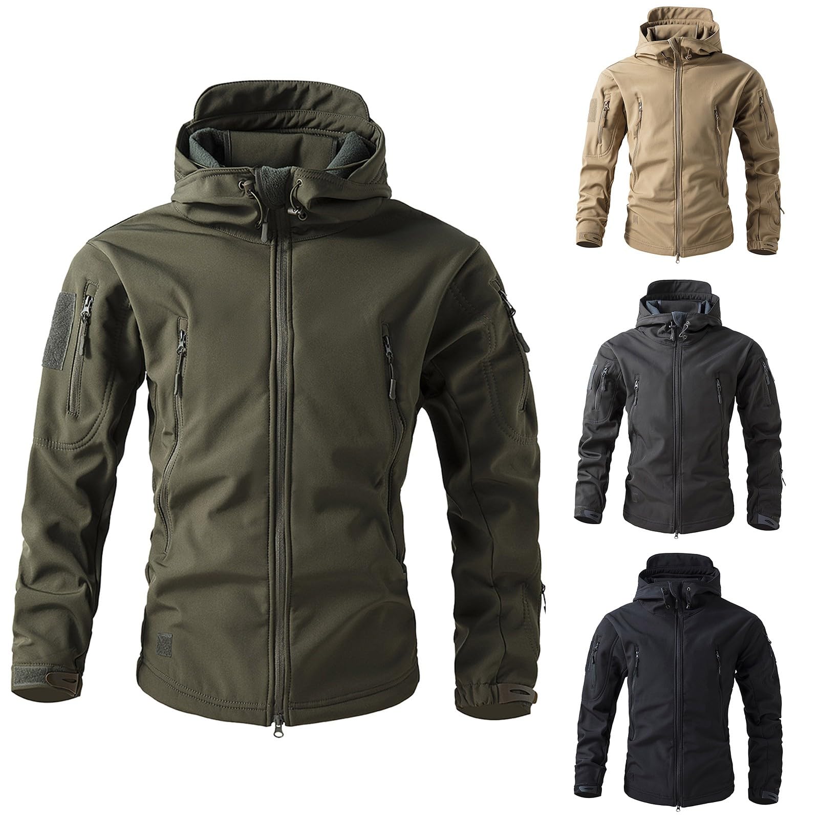 Giacca da uomo mimetica softshell tattica invernale con cappuccio e chiusura lampo, traspirante, per attività all'aria aperta, pesca, caccia, da lavoro, da trekking, per le mezze stagioni