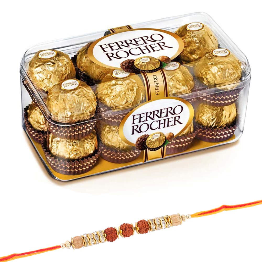 SFU E Com 16 Pieces Ferrero Rocher with Rakhi|Rakhi with Ferrero Rocher Chocolates|Rakhi Chocolate for Brother|Roli, Chawal, Chandan, Misri|111,200 Grams (B08BXQ84XL) Amazon Price History, Amazon Price Tracker