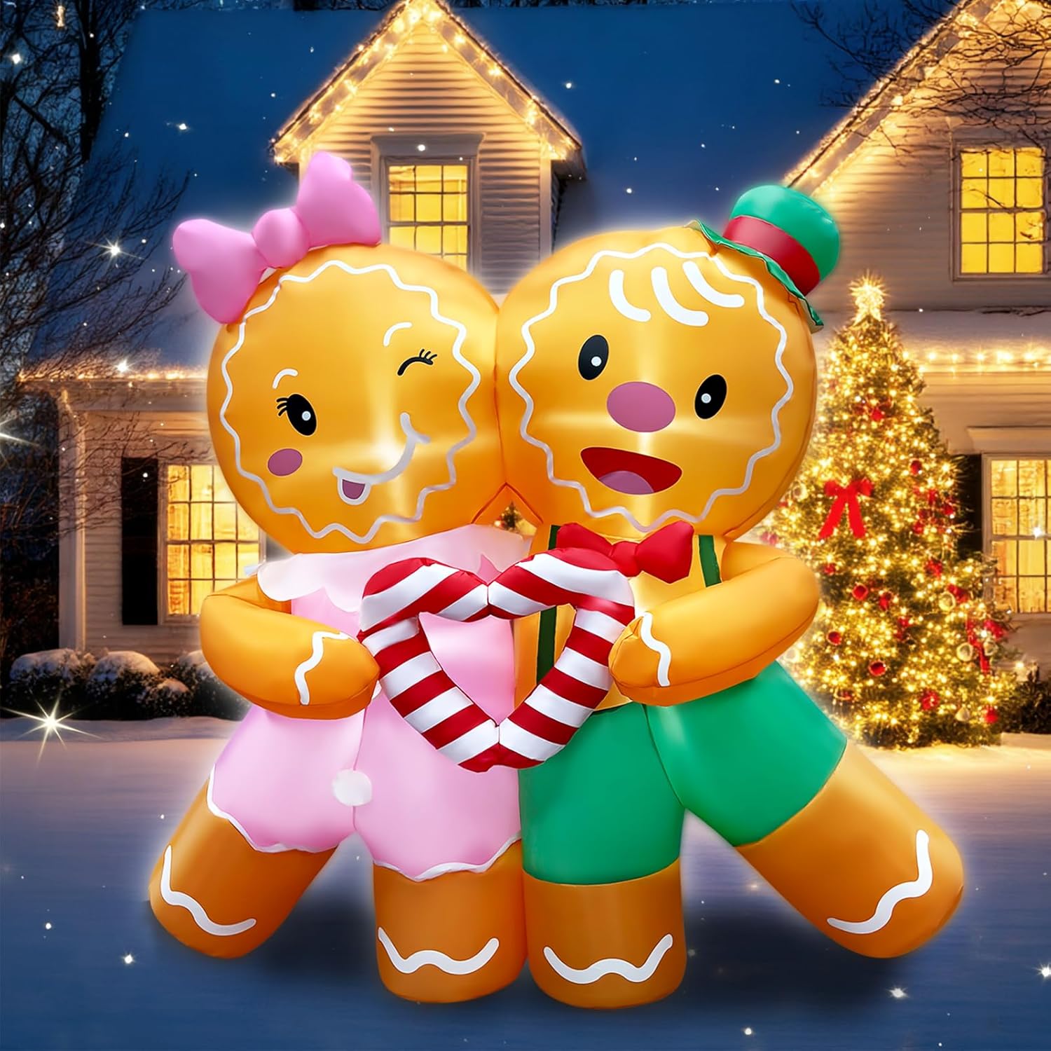 5ft Christmas Inflatables Gingerbread Lovers Decorations Built-in LED Lighted Blow Up Decoration Home Yard Outdoor Indoor Garden Lawn Decor