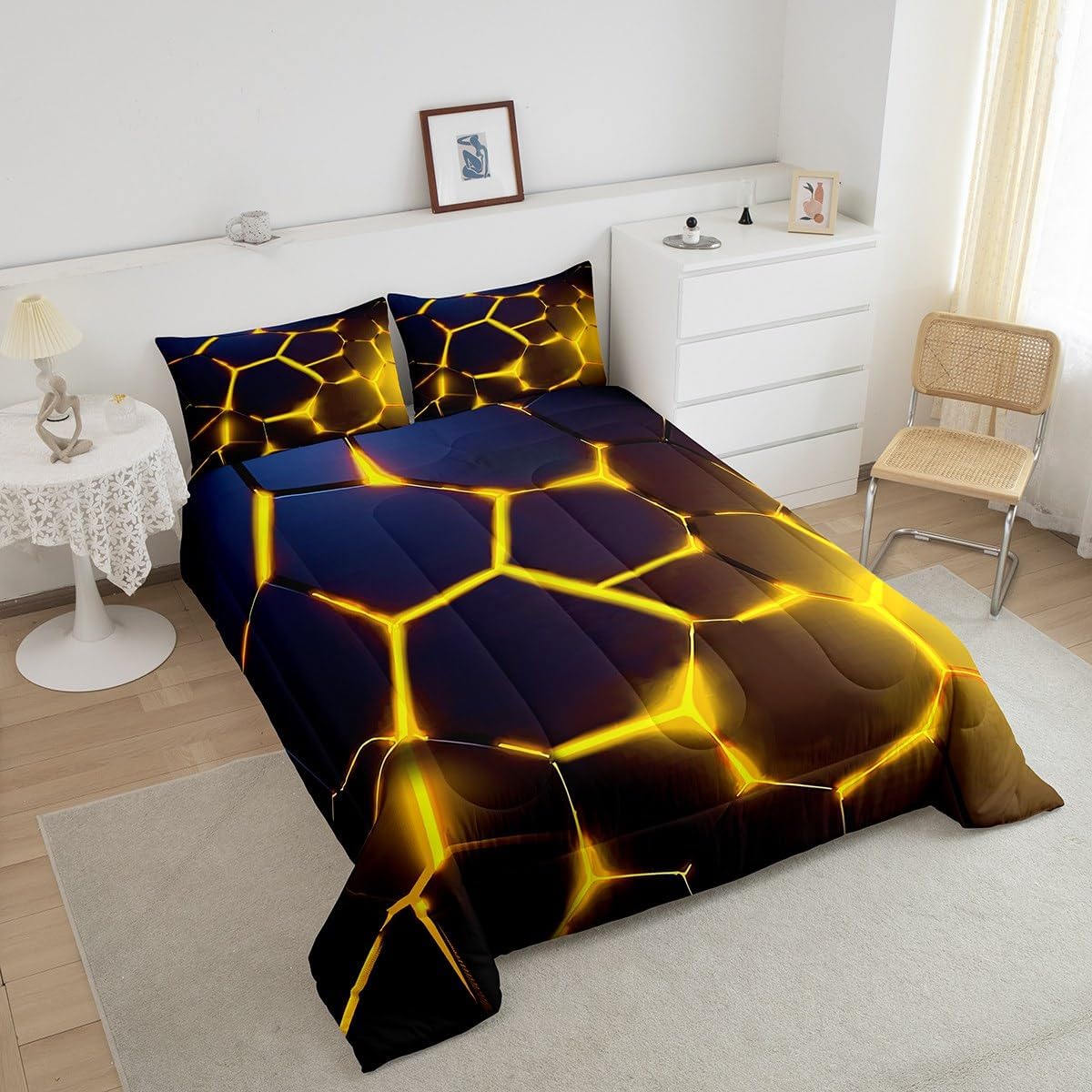Feelyou Honeycomb Bedding Set for Girls Boys Yellow Hexagonal Print Comforter Set Beehive Geometrical Comforter Room Decor Reticulated Simplistic Duvet Set Full Size Quilt Boys