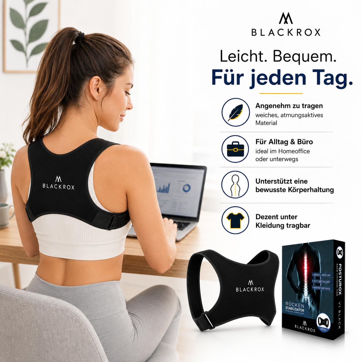 BLACKROX Haltungskorrektur [Vergleichsieger 2026] | Damen & Herren | Rückenstabilisator | Rückenstütze | Effektiv gegen Rückenschmerzen & Buckehaltung | Rücken Geradehalter