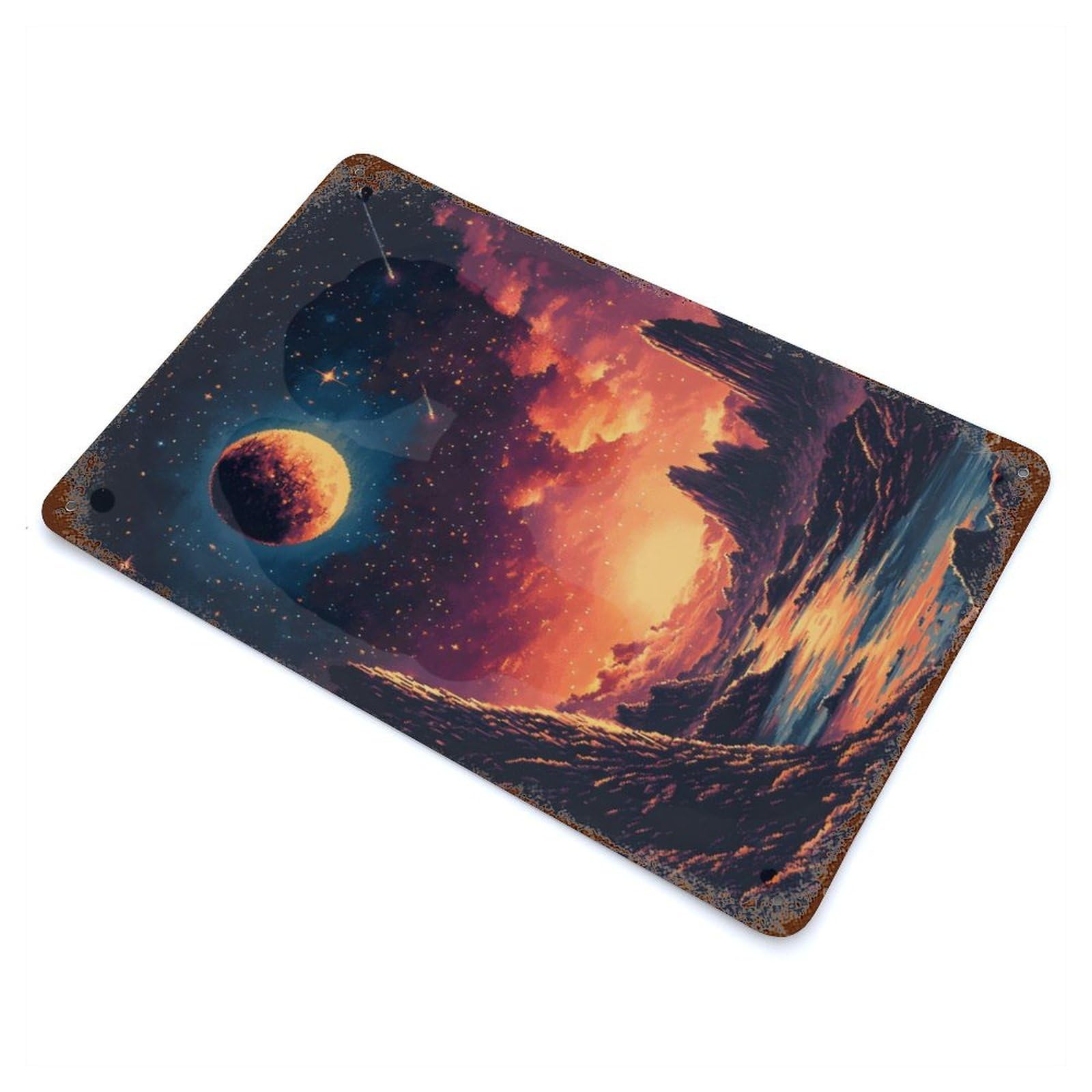 Pixelated Alien Landscape Vintage Wall Sign 11.8"x7.9", Rust Effect Metal Decor for Farmhouse, Kitchen And Entryway Decor