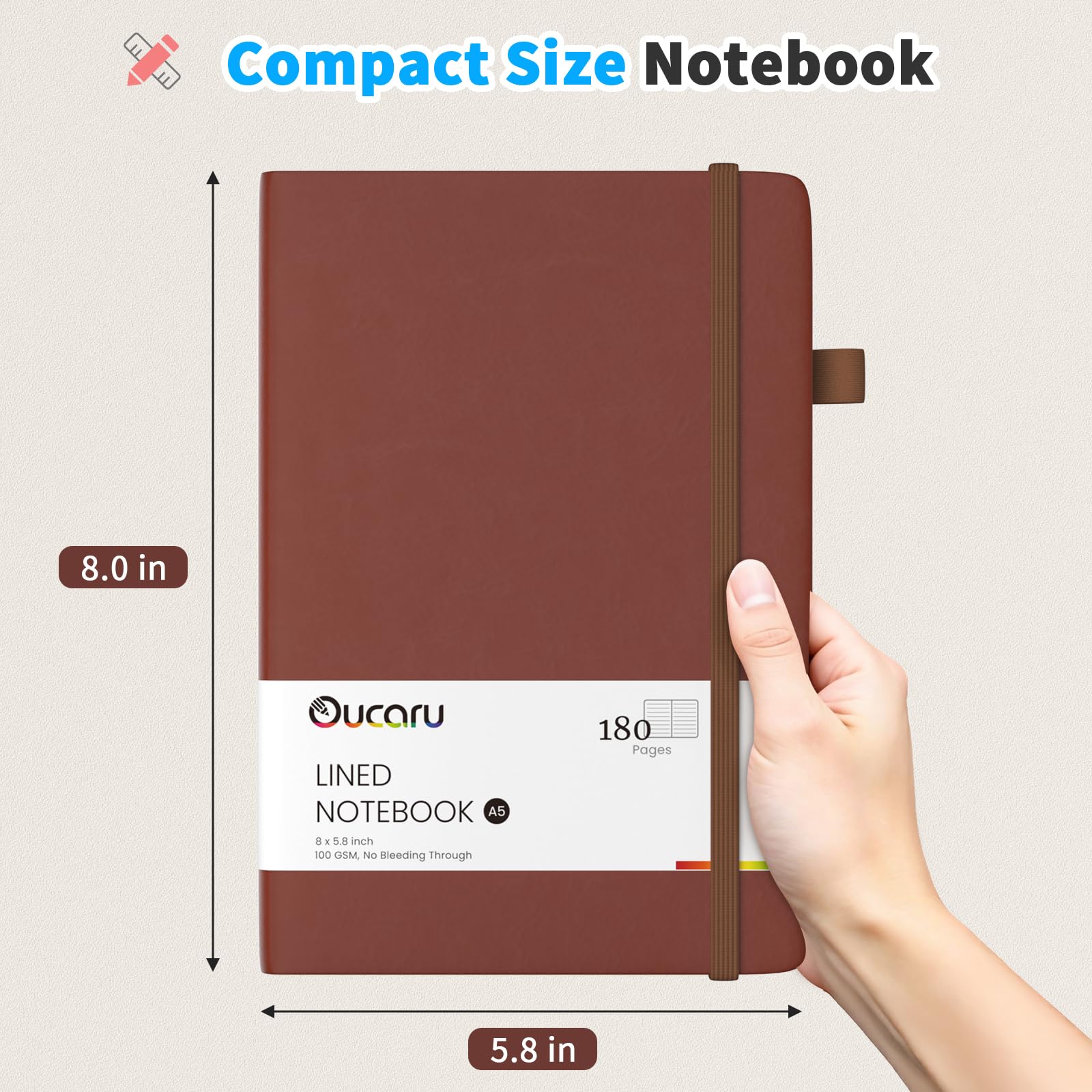 Oucaru Quaderno a righe, confezione da 8, 180 pagine, formato A5, per scrittura, carta spessa 100 g/m², piccoli quaderni quotidiani per donne, uomini, lavoro, scuola, viaggi
