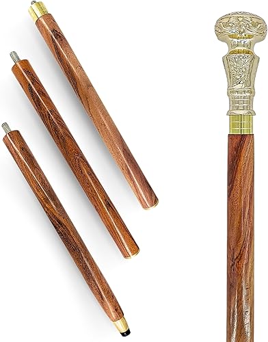 Bastón decorativo plegable elegante con mango de latón - 36 pulgadas, marrón intenso - Madera natural hecha a mano - Elegancia del mundo Sone World
