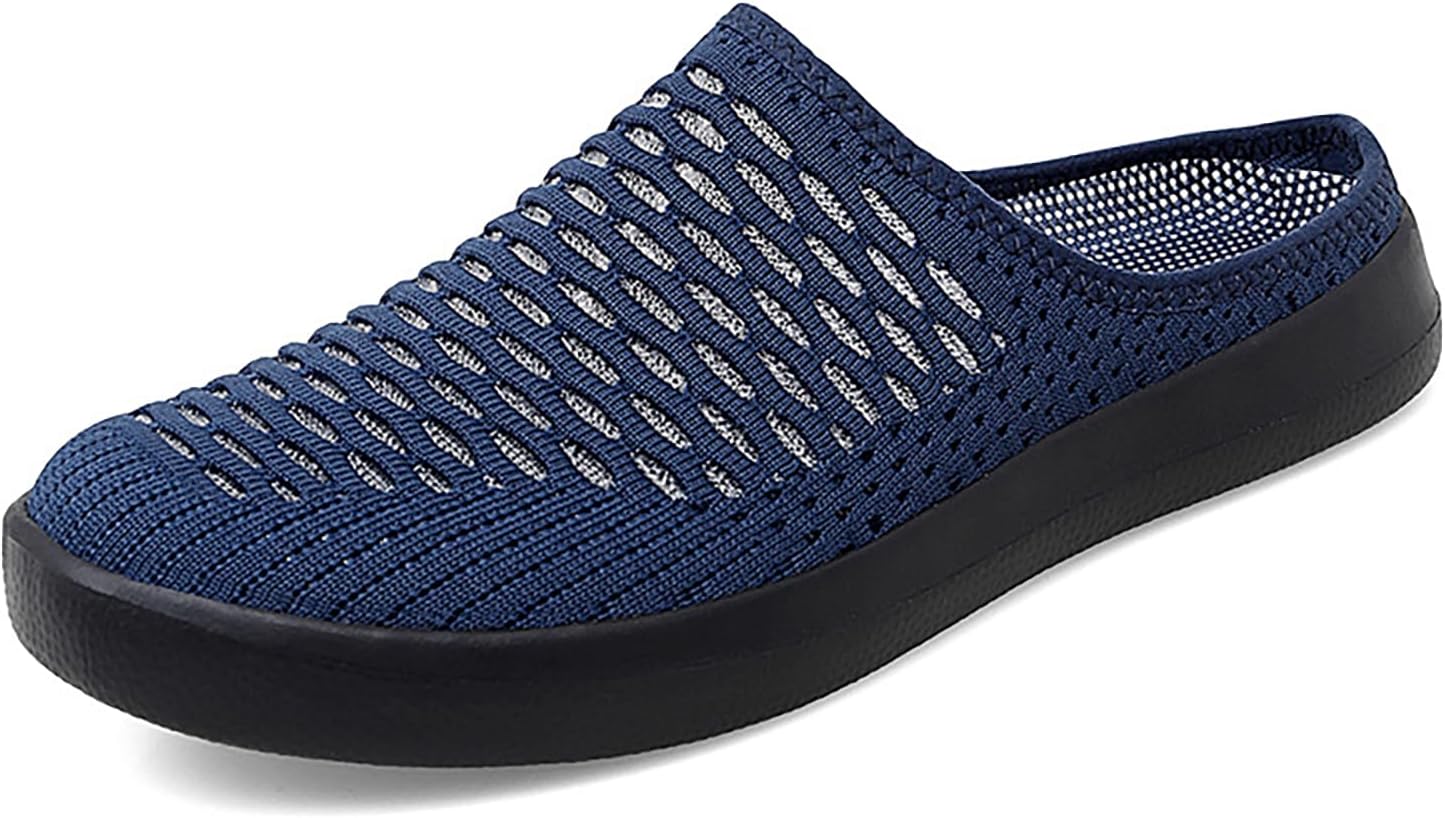 Women's Mesh Breathable Flat Mule Shoes Closed Round Toe Knit Backless Slip On Softsole Lightweight Walking Shoes for Vacation Work