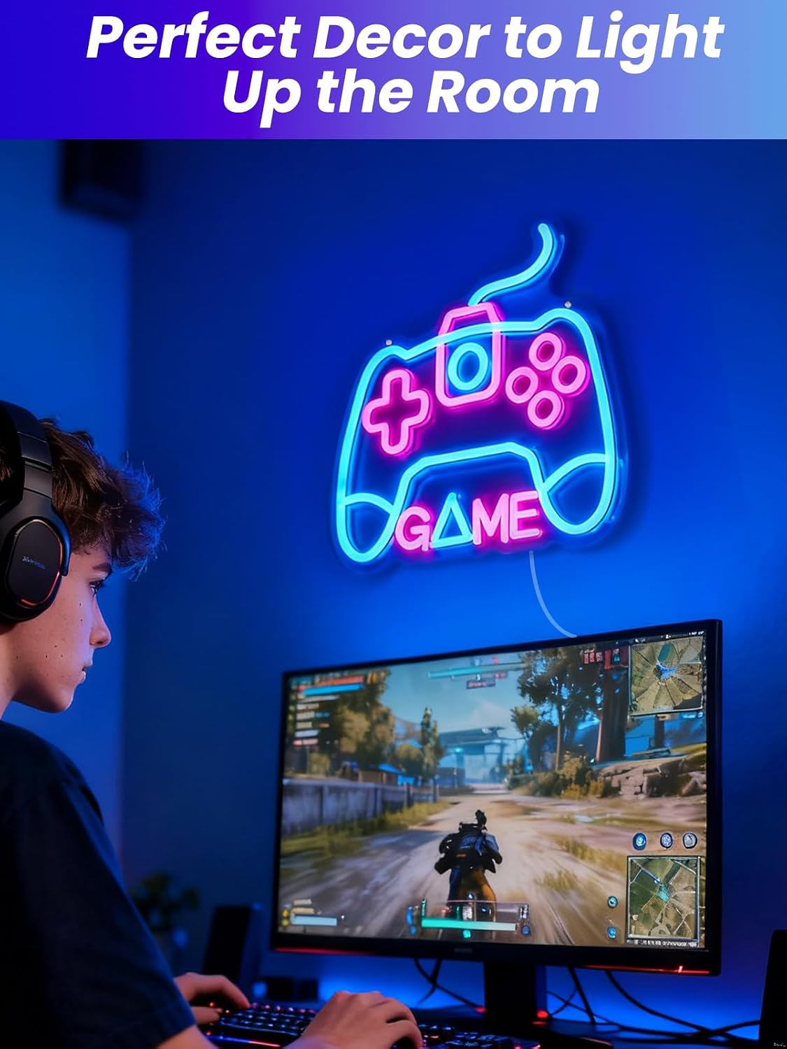 Gamer Neon Sign for Gaming Room Decor - 12.6x14in USB Powered LED Neon Lights for Teen Room Wall Decorations, Birthday Gifts for Boys, Controller(Pink&Blue)