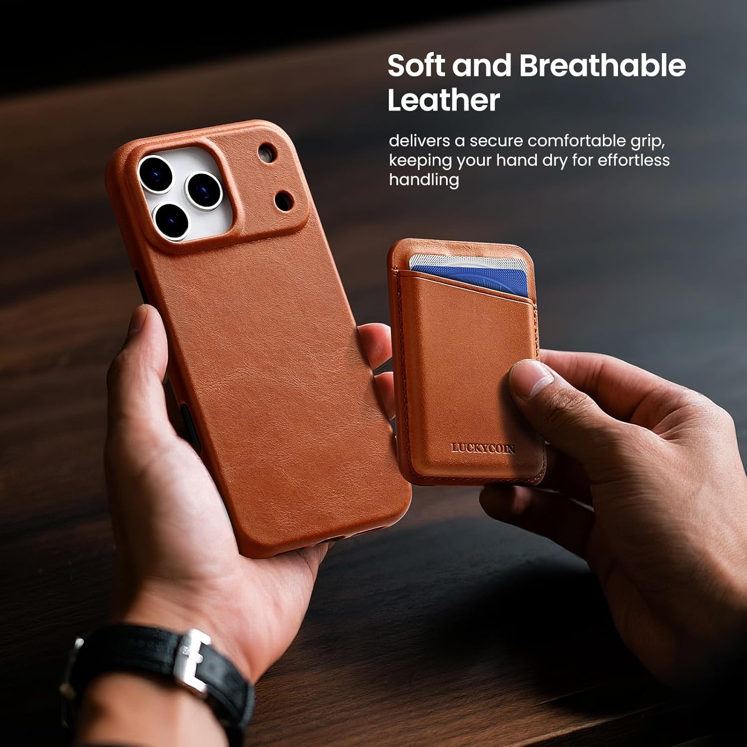 LUCKYCOIN Premium Handcrafted Full-Grain Cowhide Leather Phone Case for iPhone 17 Pro Max 6.9 in, Built-in Metal Camera Control Button, Full Camera Protection, MagSafe Compatible, Vintage Brown