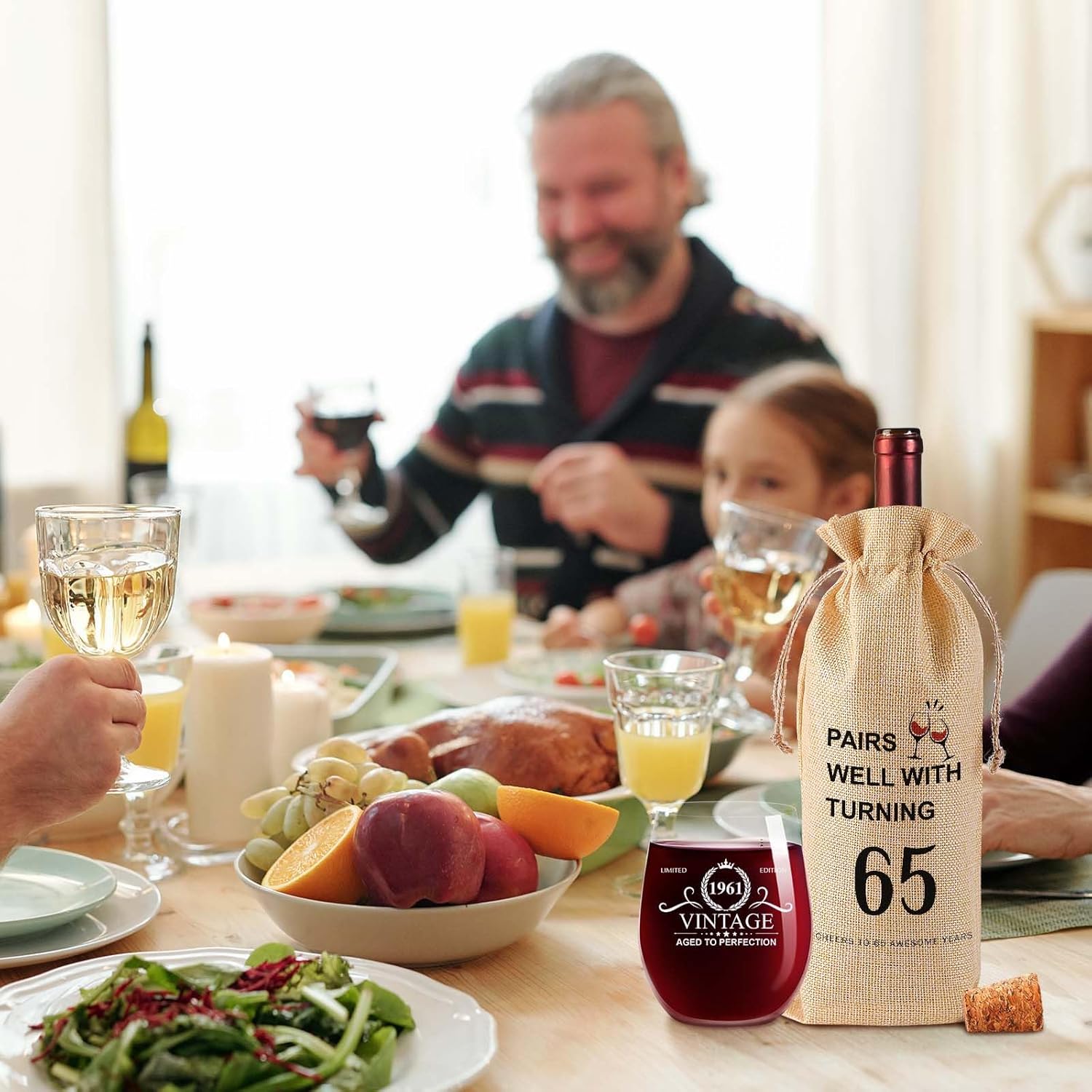 kwsnatel 65th Birthday Gifts for Women Men 65th Birthday Decorations 1961 Vintage Wine Gift Set 65 Year Old Birthday Gifts for Her Him Back in 1961 Burlap Drawstring Wine Bag and 15 OZ Wine Glass