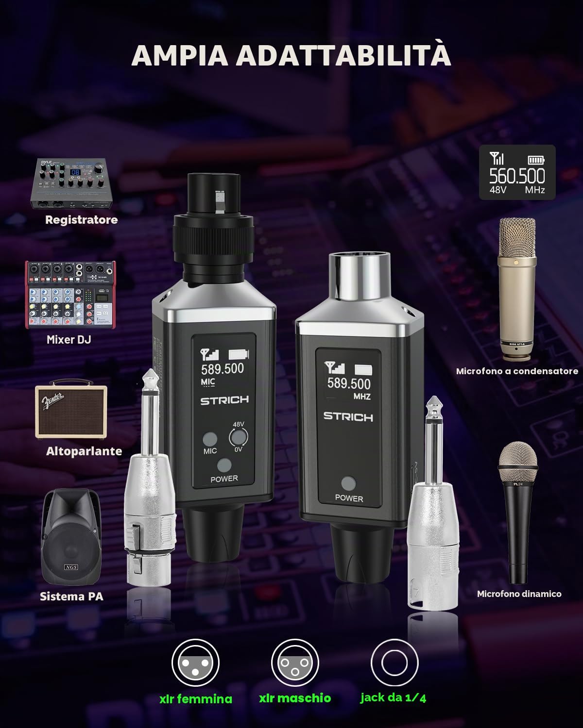 STRICH M3 UHF Trasmettitore e ricevitore XLR senza fili a 16 canali, portata di 50 m, adattatore per microfono senza fili plug-in per microfoni dinamici e a condensatore, compatibile con mixer audio