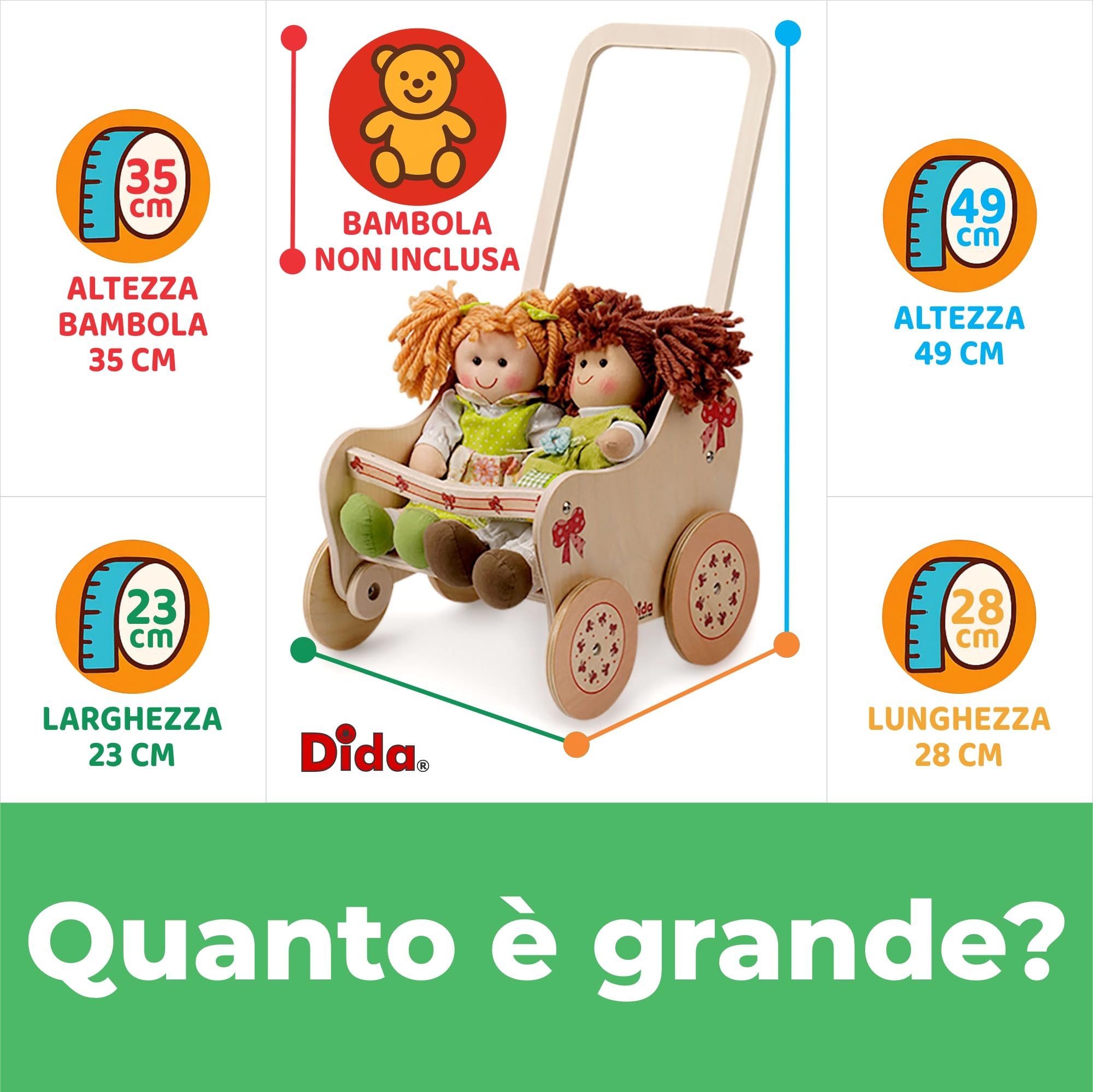 Dida | Passeggino in Legno per Bambole Fiocco, Small | 28×23×49 cm | Ruote Silenziose, Manico Ergonomico, Sedile Decorato | Gioco Montessori 2–4 Anni | Carrozzina per Bambole fino a 35 cm