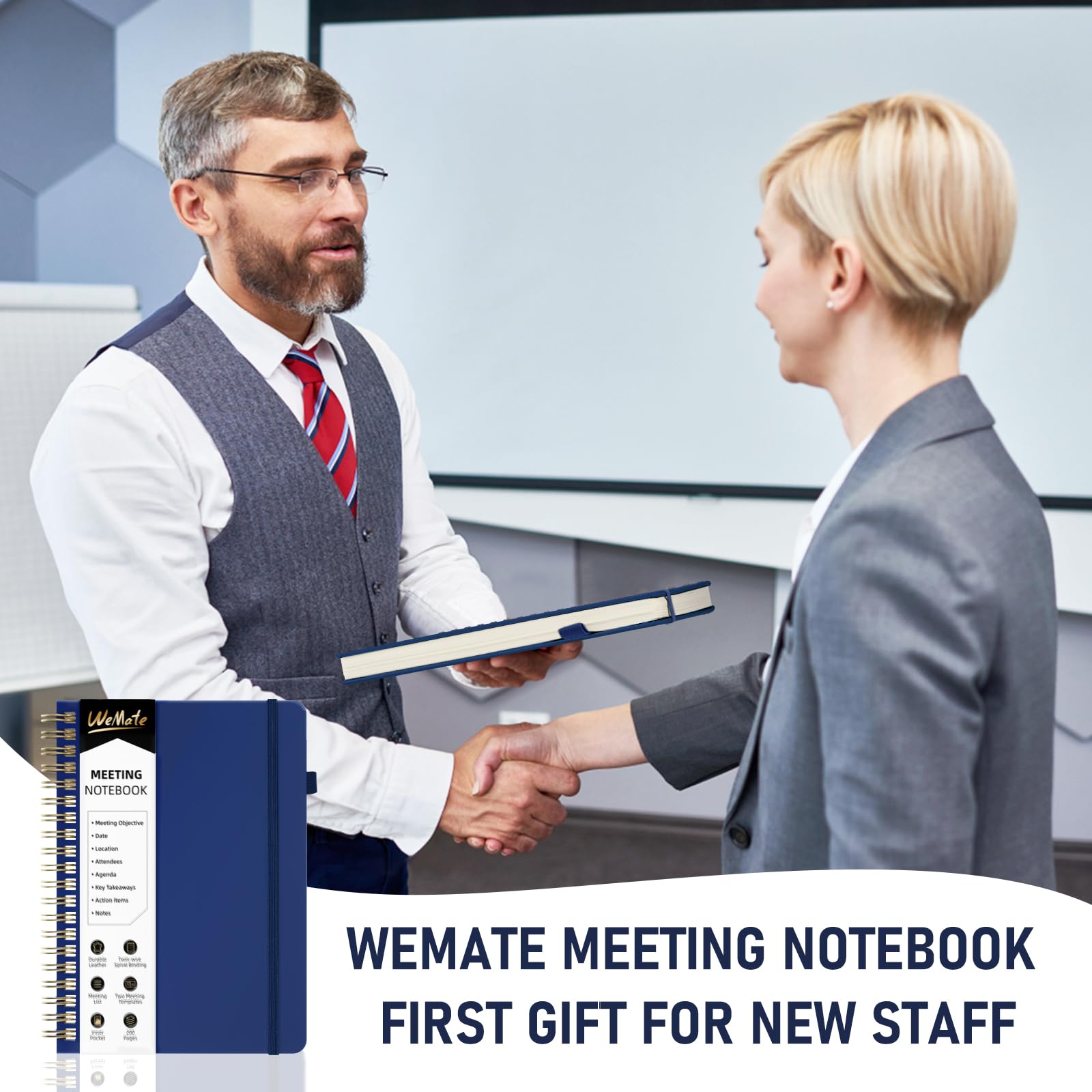 WEMATE Cuaderno de reuniones para el trabajo B5 (7 x 10 pulgadas), cuaderno de trabajo de piel sintética con agenda, artículos de acción y notas, 200 páginas para hombres y mujeres, personal y
