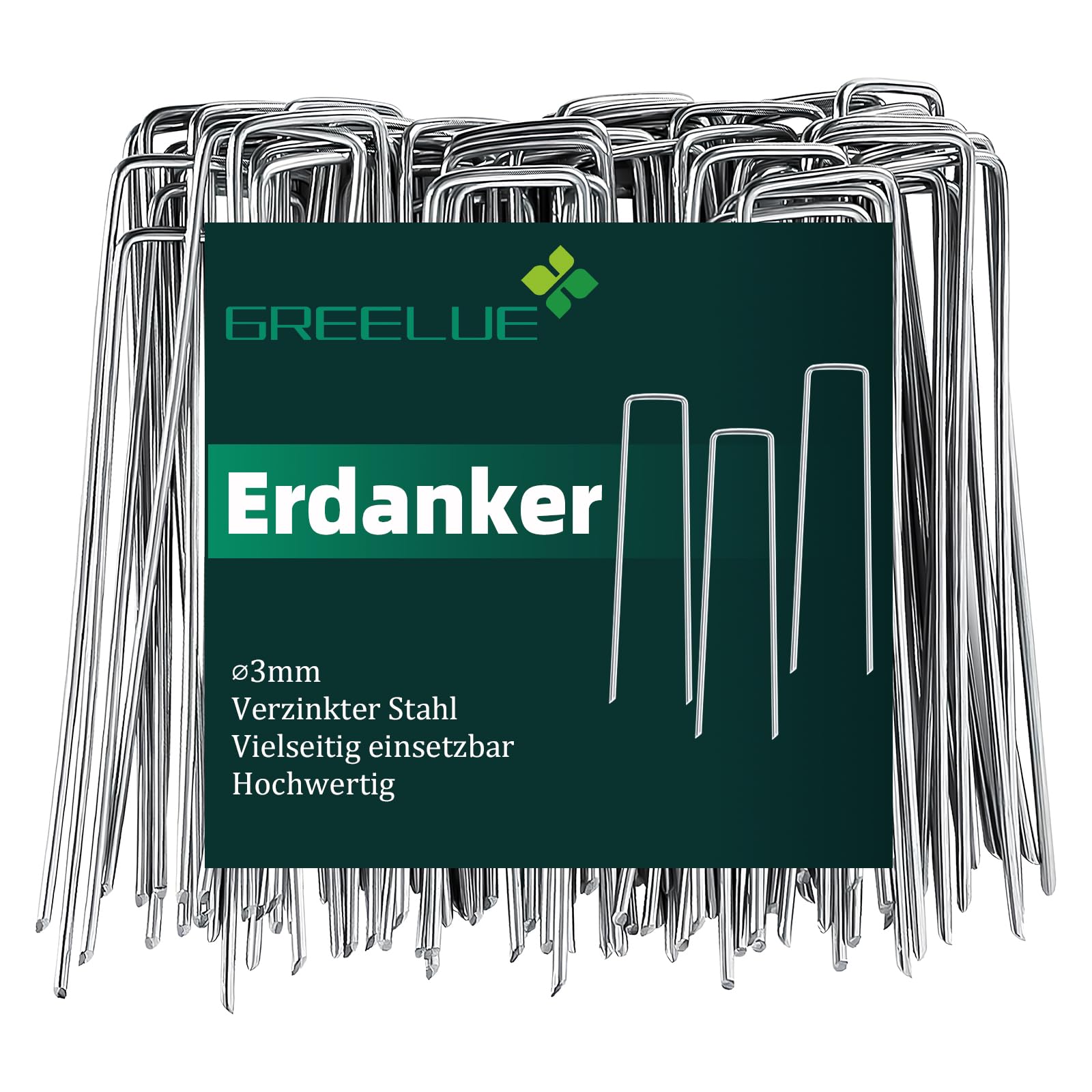 GREELUE 50 Stück Ø3mm Erdanker Bodenanker, 150x25mm Verzinkter Stahl Anti-Rost Erdnägel für Unkrautvlies Gartenvlies Camping