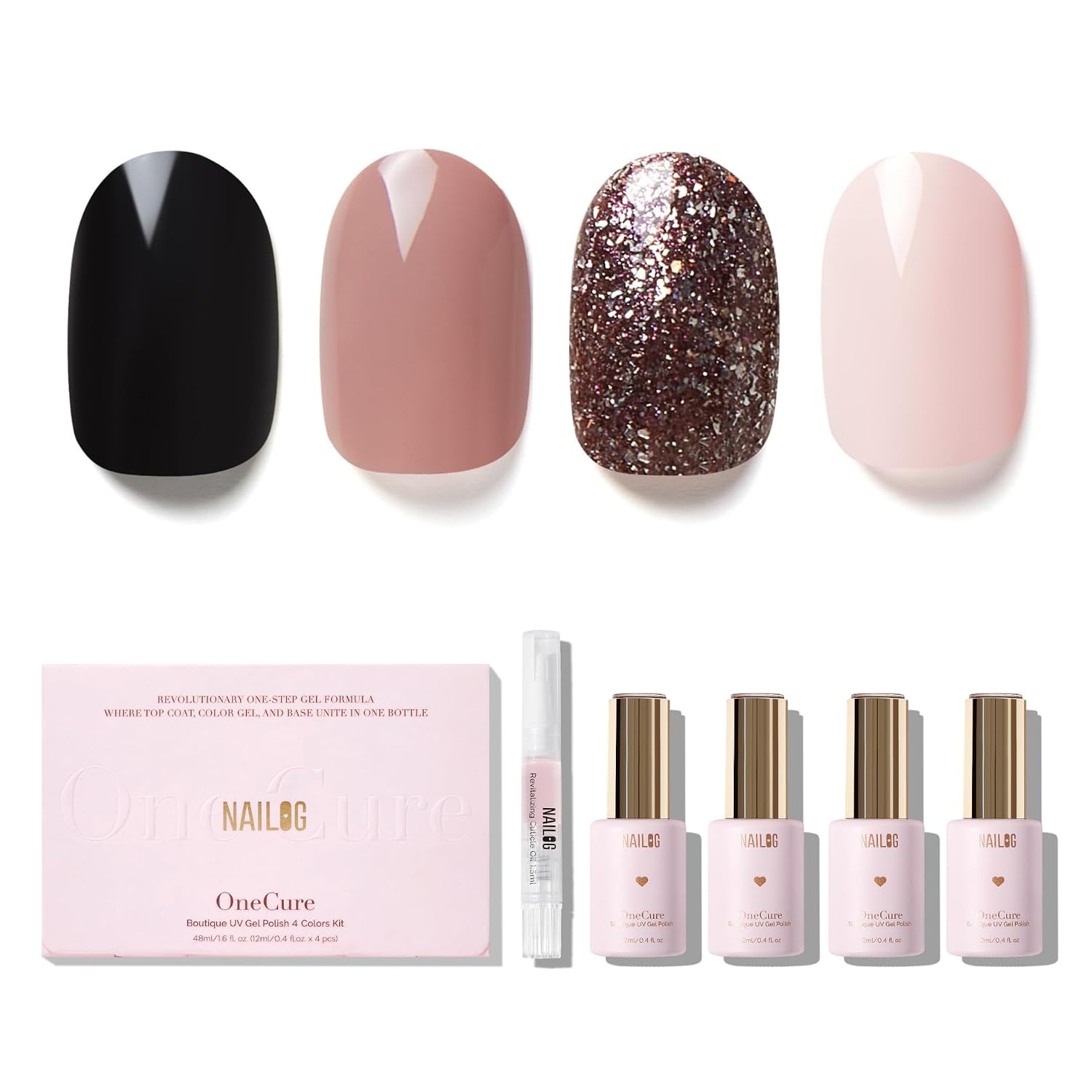 NAILOG Gel Nail Polish Set - 4 Colors Top Coat Color Gel Base 3-In-1 Soak Off UV Gel Polish Kit for Home DIY & Birthday Gifts for Women | Black, Warm Grey, Ivory Pink, Bronze Glitter