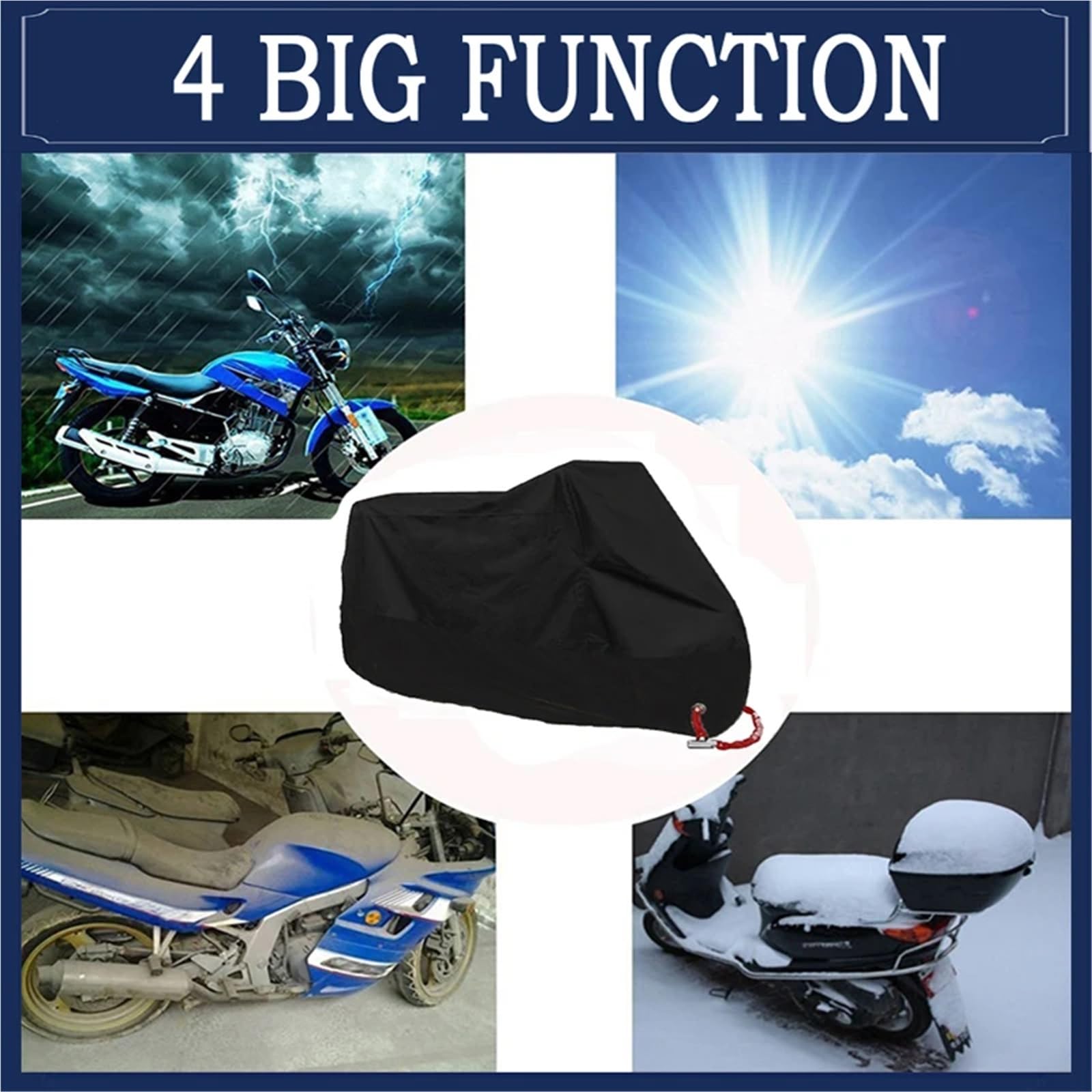 Housse de moto imperméable, anti-poussière, protection UV, toutes saisons, pour moto, scooter, pluie (tout argenté, taille 4XL pour 2300-2600 mm)