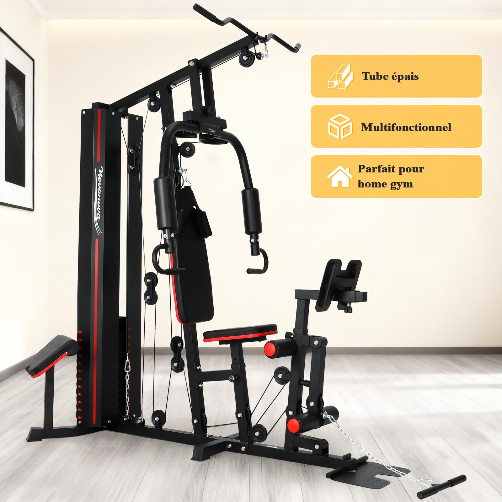 Station de Musculation Multifonction, Banc de Musculation Complet, Barre de Traction Cage Station Machine Musculation avec Poids, Fitness Domicile Home Gym Bras/Épaules/Poitrine/Dos/Jambe