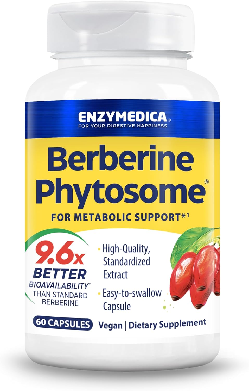 Enzymedica, Berberine Phytosome, 9.6X Better Bioavailability, High Potency Natural Vegan Herbal Supplement for Metabolic Support, 60 Capsules
