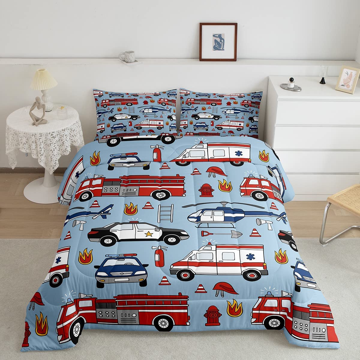 Feelyou Cartoon Police Car Bedding Set Red Fire Truck Comforter Set for Kids Boys Fire Extinguisher Duvet Set Airplane Comforter 1 Comforter Set with 2 Pillowcases Queen Size Boys