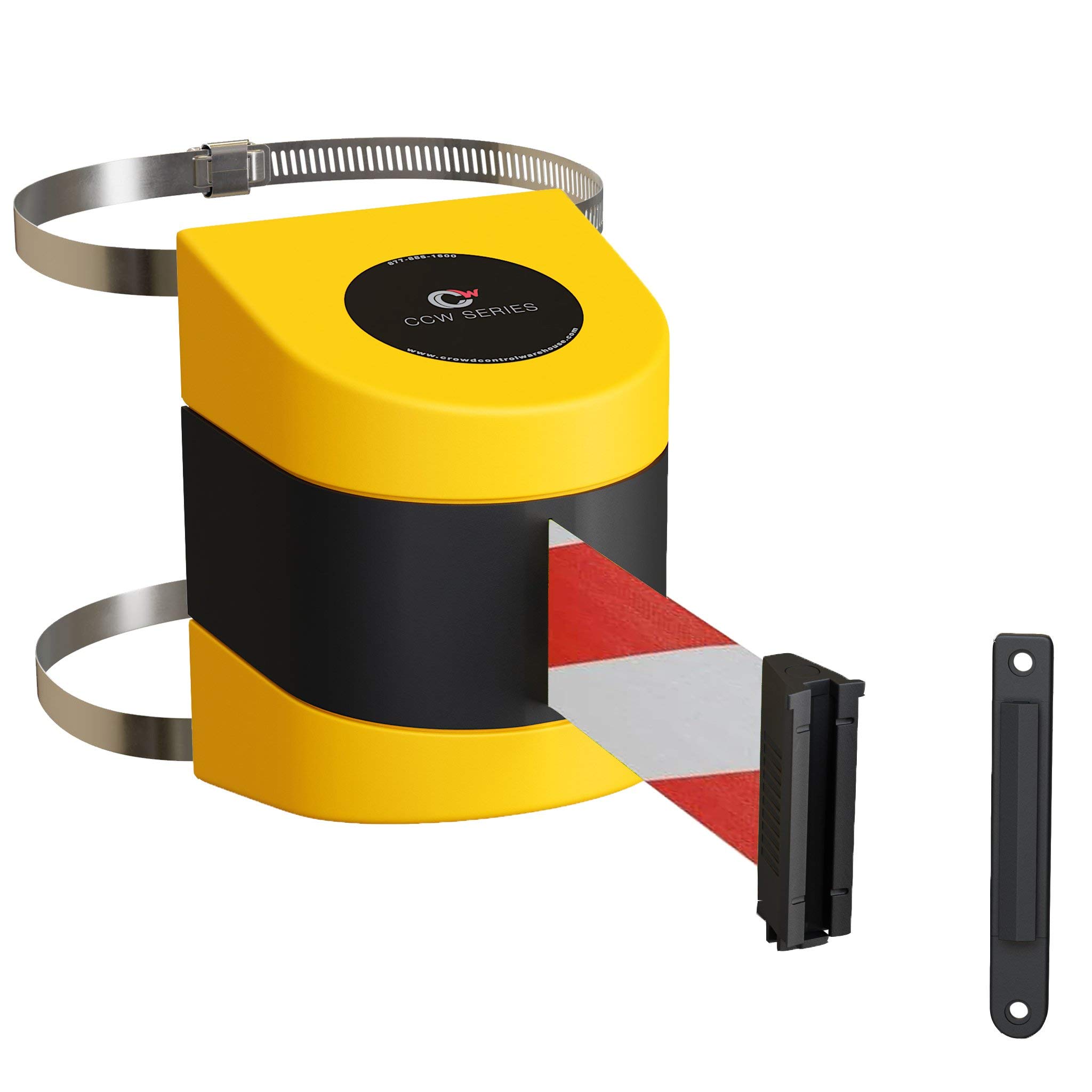 CCW Series WMB-220 & WMB-230 Wall Mount Retractable Belt Barrier with ABS Case and Clamp (15 Foot Belt, Red and White Diagonal Belt with Yellow ABS