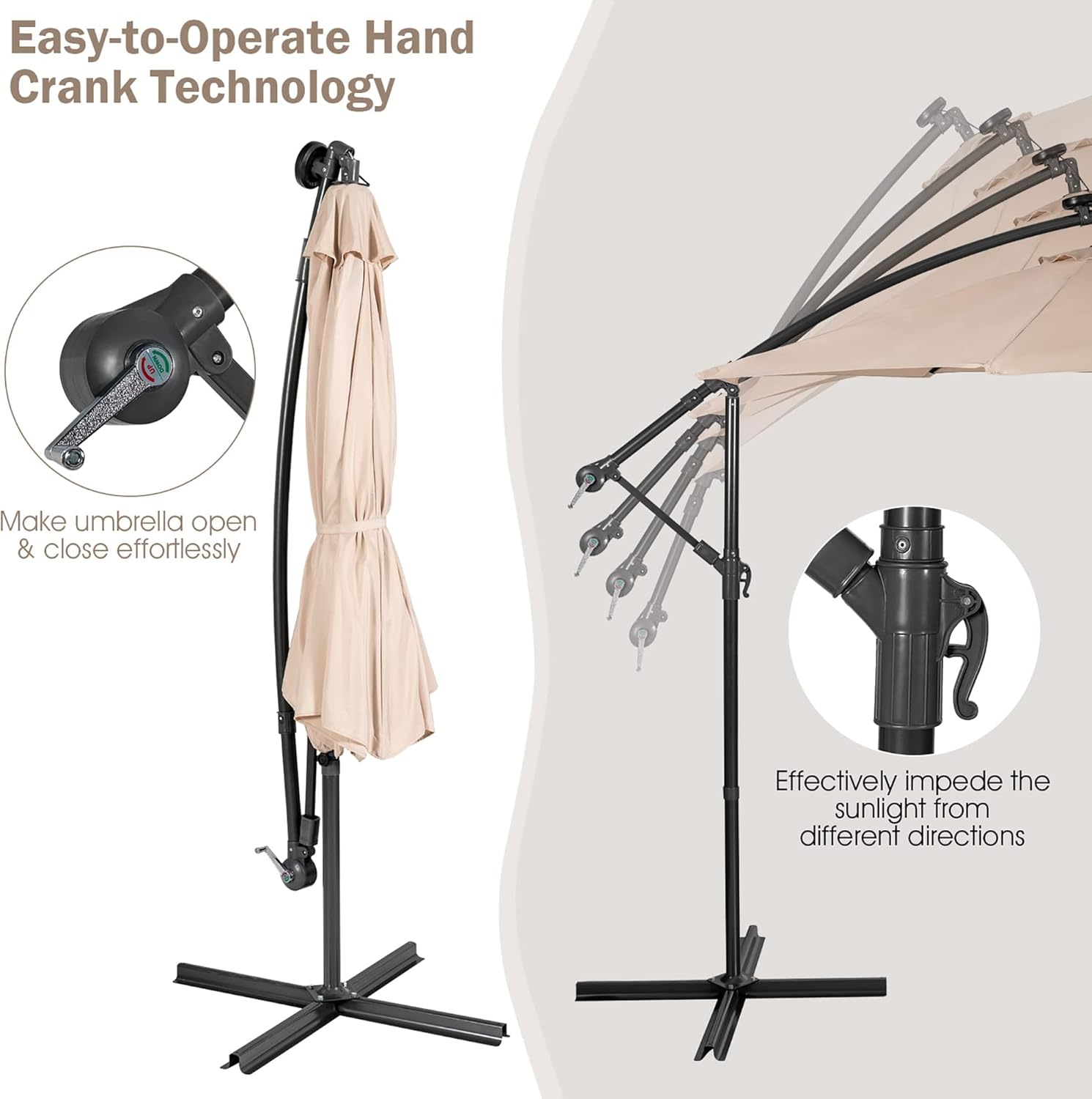 Illustration of the easy-to-operate hand crank technology for opening and closing the umbrella, and adjusting its angle.