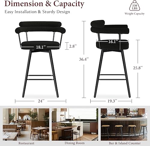 Miniatura 9 de STHOUYN Juego de 4 taburetes de bar giratorios de 26 pulgadas, taburetes de bar modernos con altura de mostrador Boucle con respaldo alto y patas de