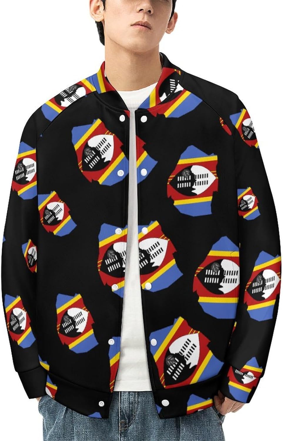 Flag Map of Eswatini Novelty Men's Baseball Jackets Causal Sweatshirt Button Top Long Sleeve Coat