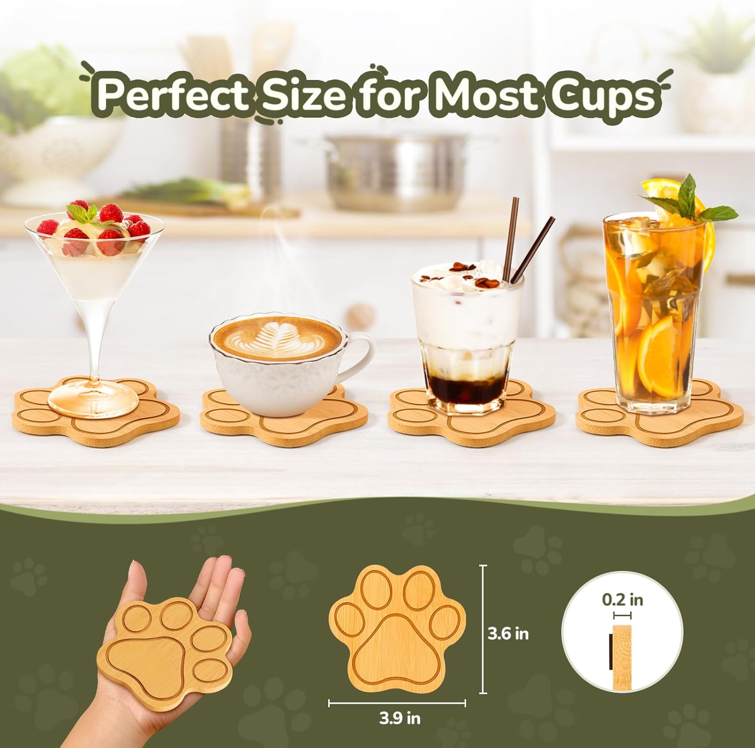 Bamboo Paw Shaped Coasters Set of 6, Natural Eco-Friendly Drink Coasters – Non-Slip & Heat-Resistant Cup Mats for Coffee, Tea, Beer, Home & Office Gift - Image 3