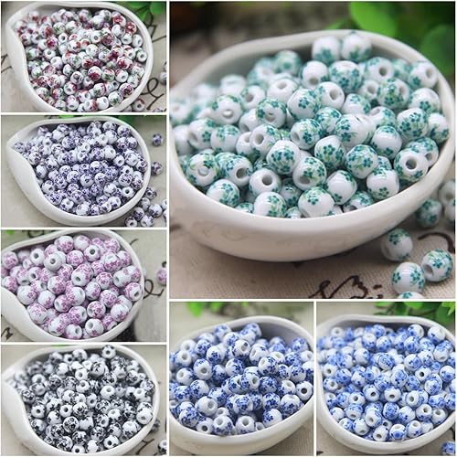 Miniatura 6 de 100 cuentas redondas sueltas de 0.315 pulgadas, cuentas espaciadoras decorativas de cerámica para joyería, fabricación de collares, patrón de