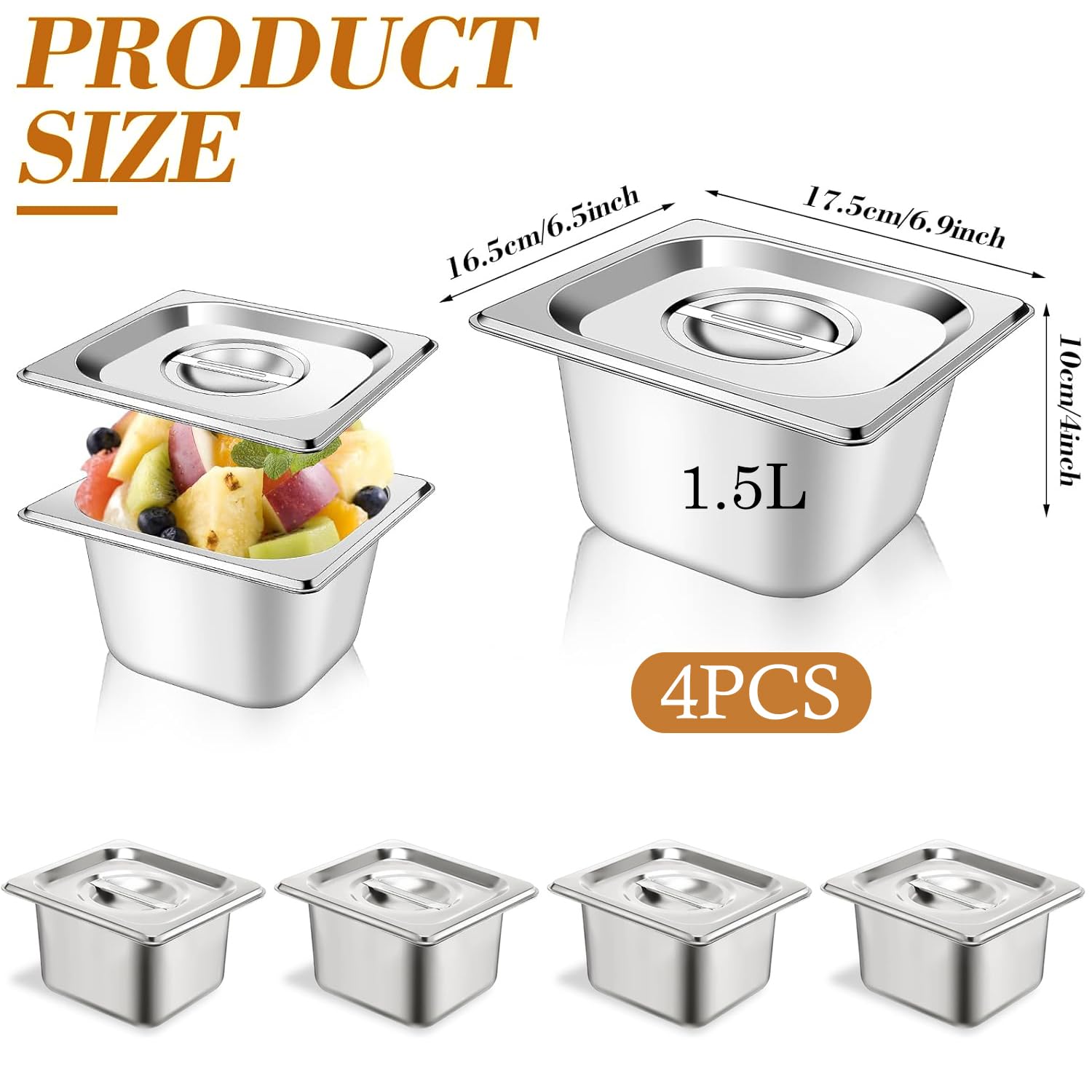 4 padelle Gastronorm in acciaio inox da 1/6 con coperchio, profondità 10 cm, organizer per servizi alimentari, hotel, catering, piatti da cucina, piatti da pranzo, per ristoranti, buffet e