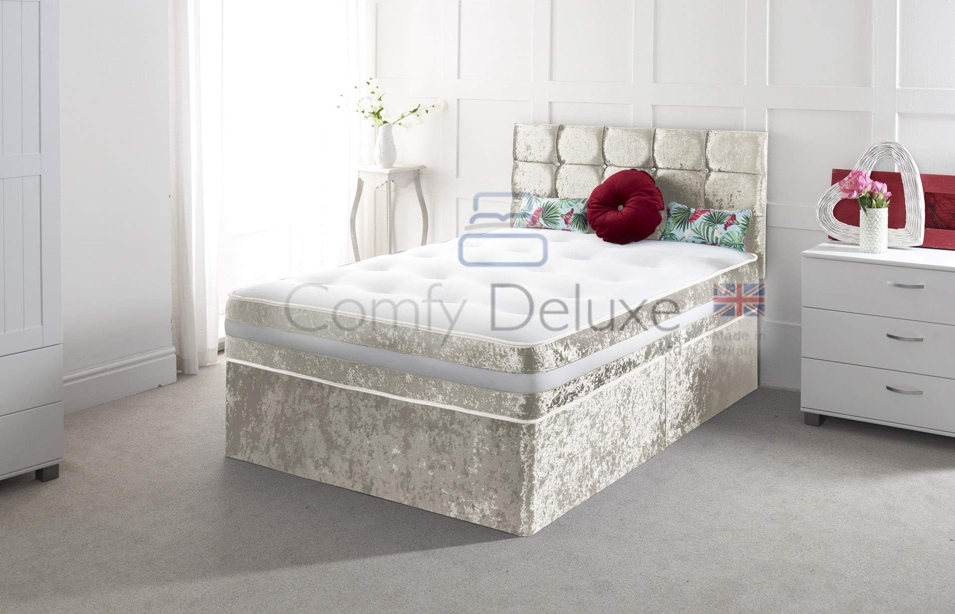Comfy Deluxe LTD CRUSHED VELVET 4FT6 DOUBLE DIVAN BED WITH MATTRESS FREE HEADBOARD AND STORAGE DRAWERS AVAILABLE (4FT6 2 Drawer, Cream Crush)