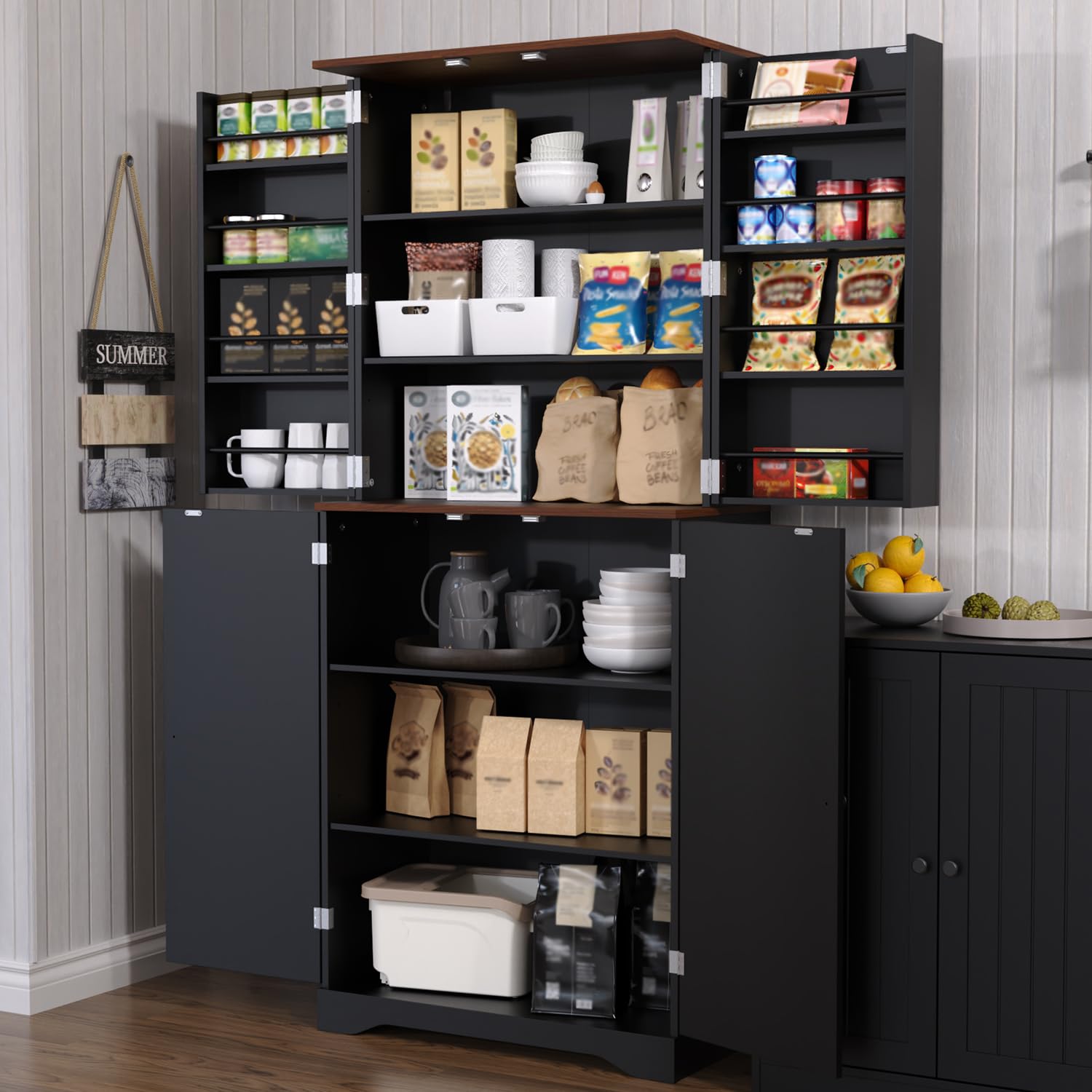 Furnify 72" Tall Kitchen Pantry, Farmhouse Storage Cabinet with Doors Organizer, Freestanding Cupboard with Adjustable Shelves, Rustic Buffet Cabinet