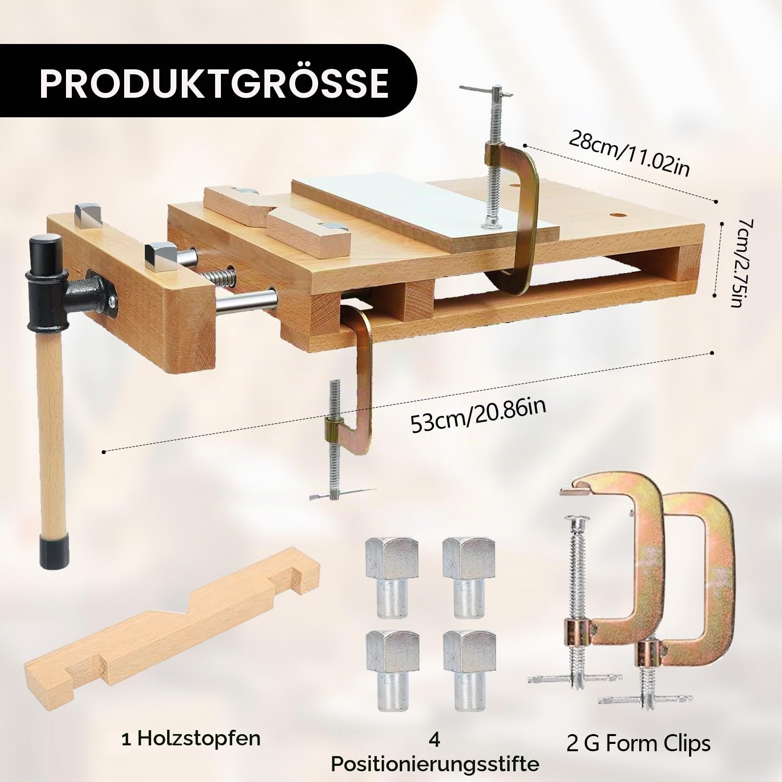 Tragbare Hobelbank, Mobile Werkbank 53x28x7 cm, Mini Werkbank aus Buchenholz Mobil Holz Schraubstock Workbench Arbeitstisch Werkstatt, Werktisch Holz für Klemmen und Hobeln
