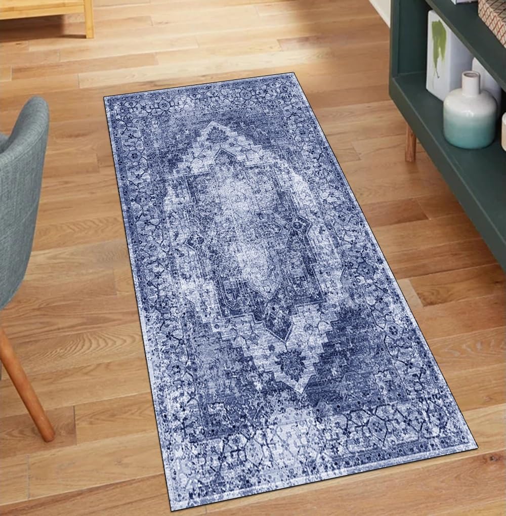 Alfombra vintage de pasillo larga azul de 90x200 cm ideal para cocina y entradas del hogar
