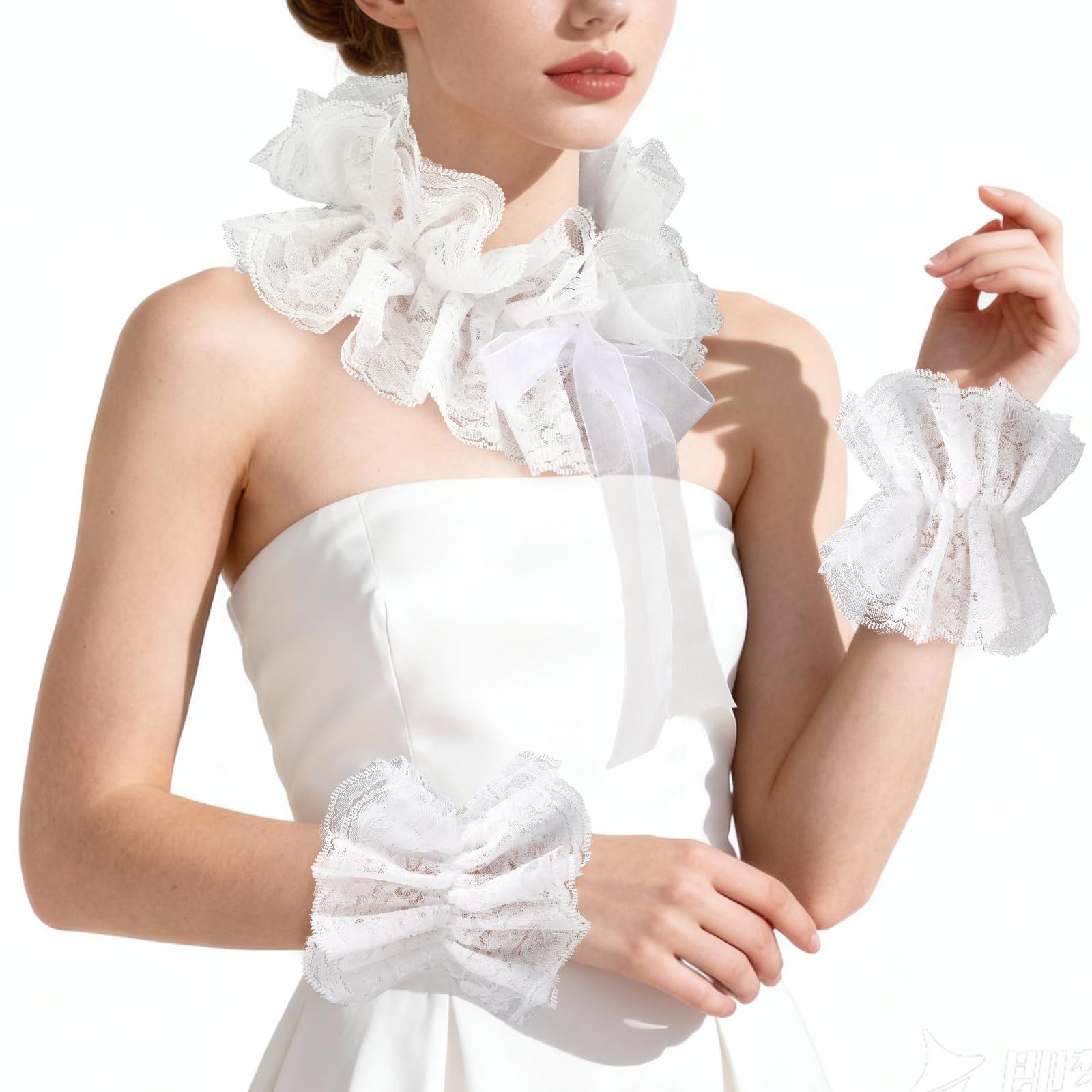 Lace Neck Ruffle Collar and Wrist Cuffs Set, Victorian Layered Neck Ruffle Collar For Fancy Dress Renaissance Clown Costume Accessories - White