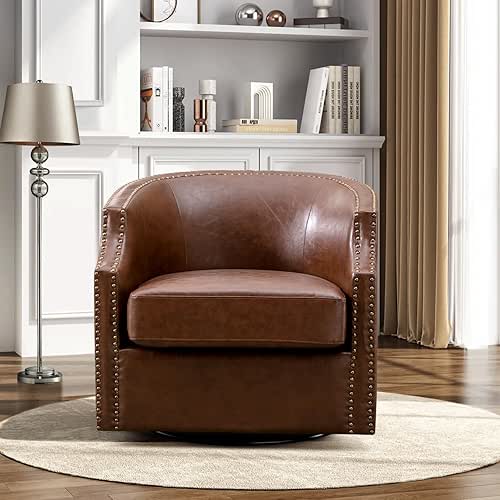 Comfy Swivel Glider Accent Chairs, Faux Leather Round Barrel Chair