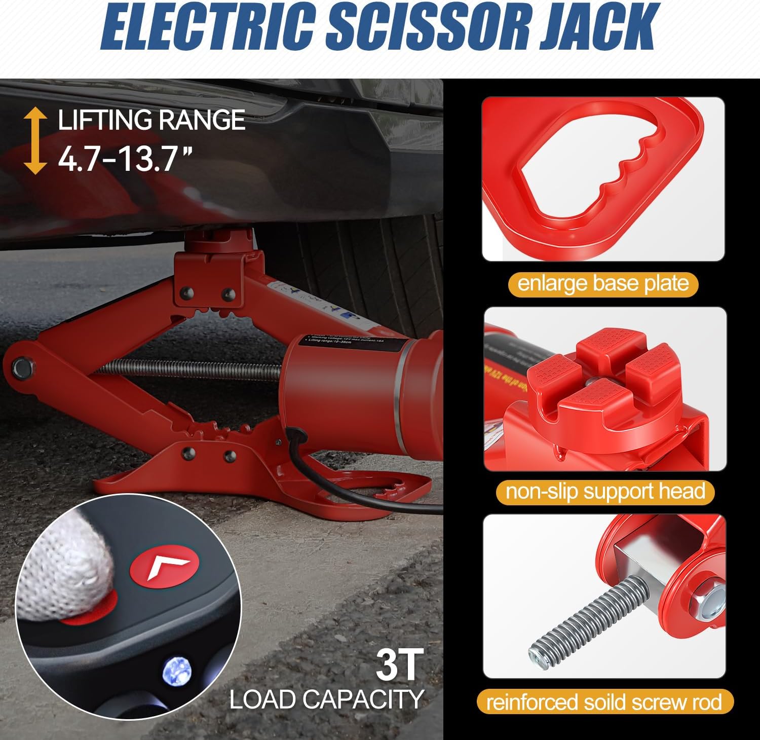 Auto Dynasty Electric Scissor Jack Kit, 3 Ton (6614LBS) Steel Leveling Scissor Car Jacks, Lifting Range 13.7" (Max) to 4.7" (Min) Scissor Lift Jacks with Screw Rod and Powerful Impact Wrench Kit, Red
