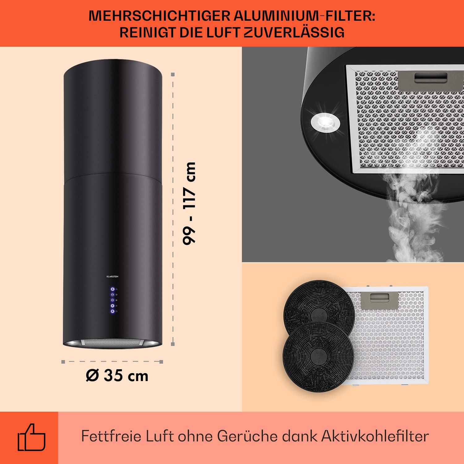 Klarstein Beretta Insel-Dunstabzugshaube 60 cm schwarz mit Aktivkohlefilter