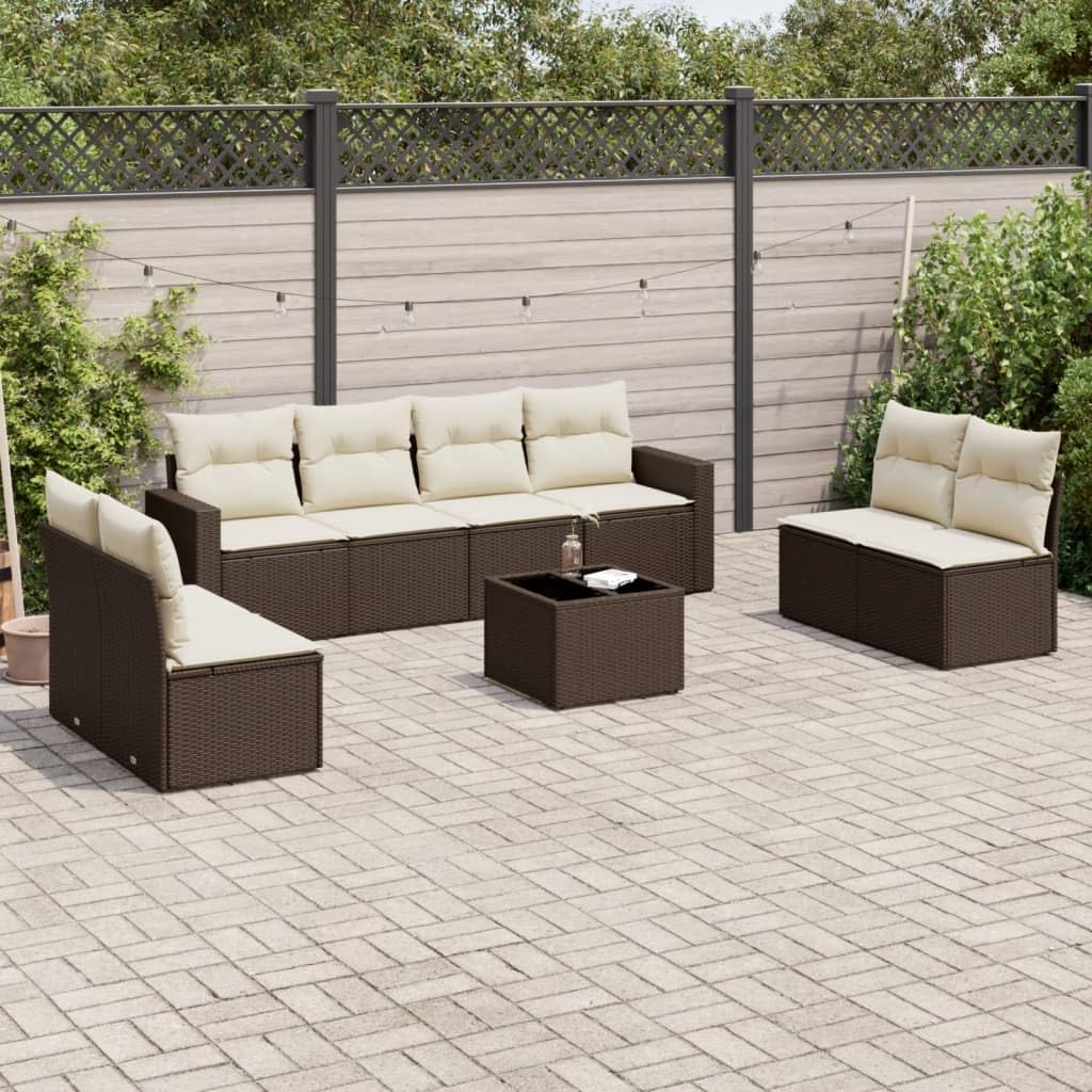 Juego de sofás de jardín con cojines de ratán sintético marrón, juego de sofá modular para exteriores con mesa de cristal y espacio de almacenamiento, muebles de ratán de polietileno