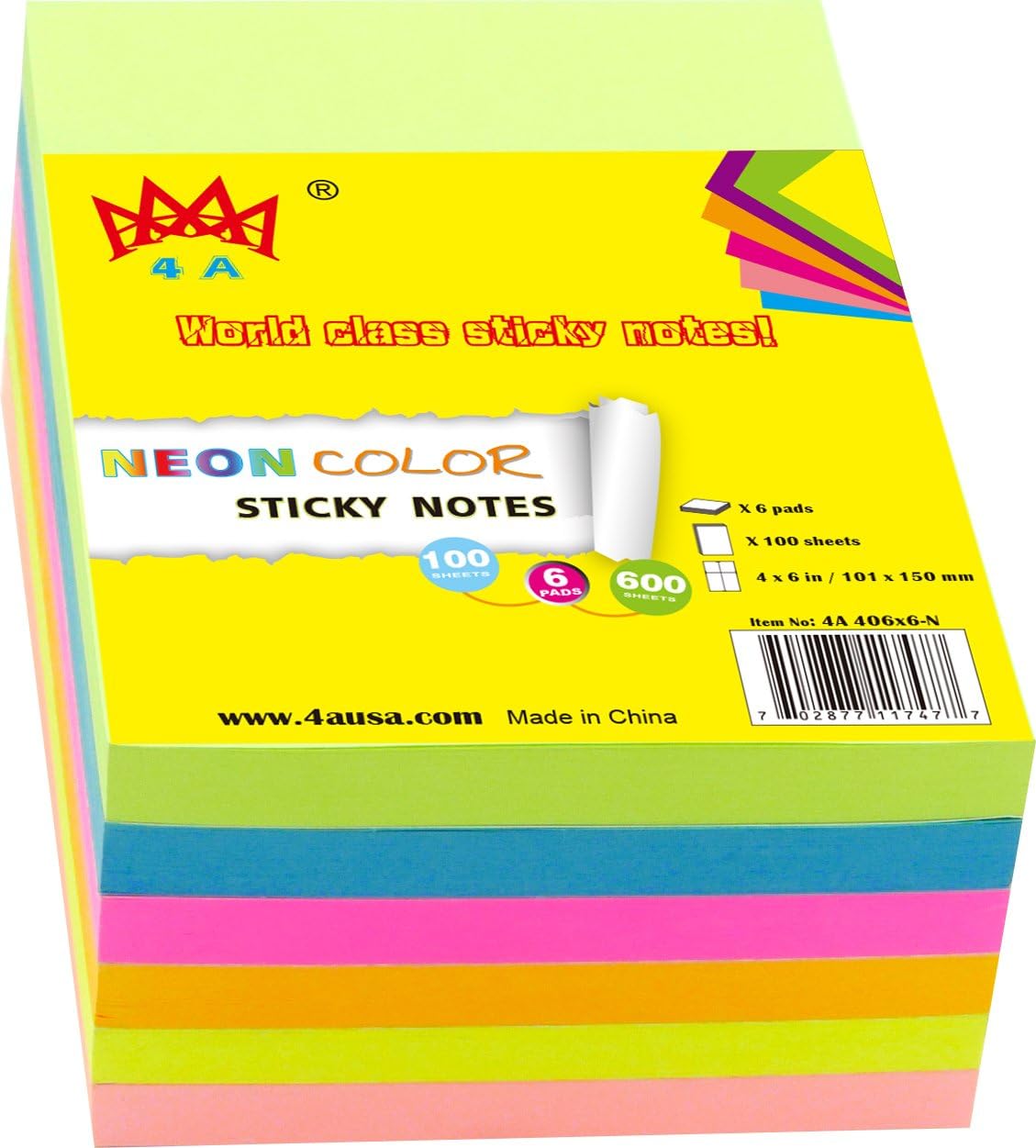 6 Pads Sticky Notes 4 x 6 Inches, Bright Colors, Large Self-Stick Note Pads for Office, School, 100 Sheets/Pad, 600 Sheets Total, 4A 406x6-N