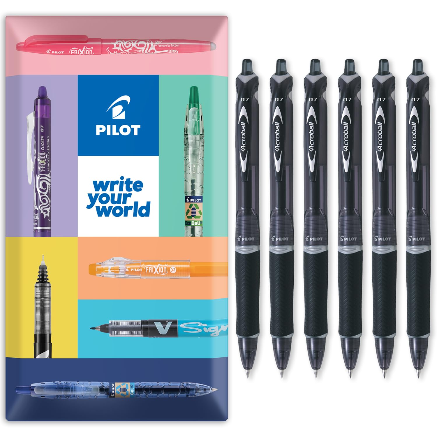 PILOT Acroball wysuwany długopis kulkowy, Begreen Range 79% z recyklingu, 6 sztuk, cienka stalówka 0,7 mm, w kopercie na prezent, idealny do pisania, szkoły, domu, biura (czarny)