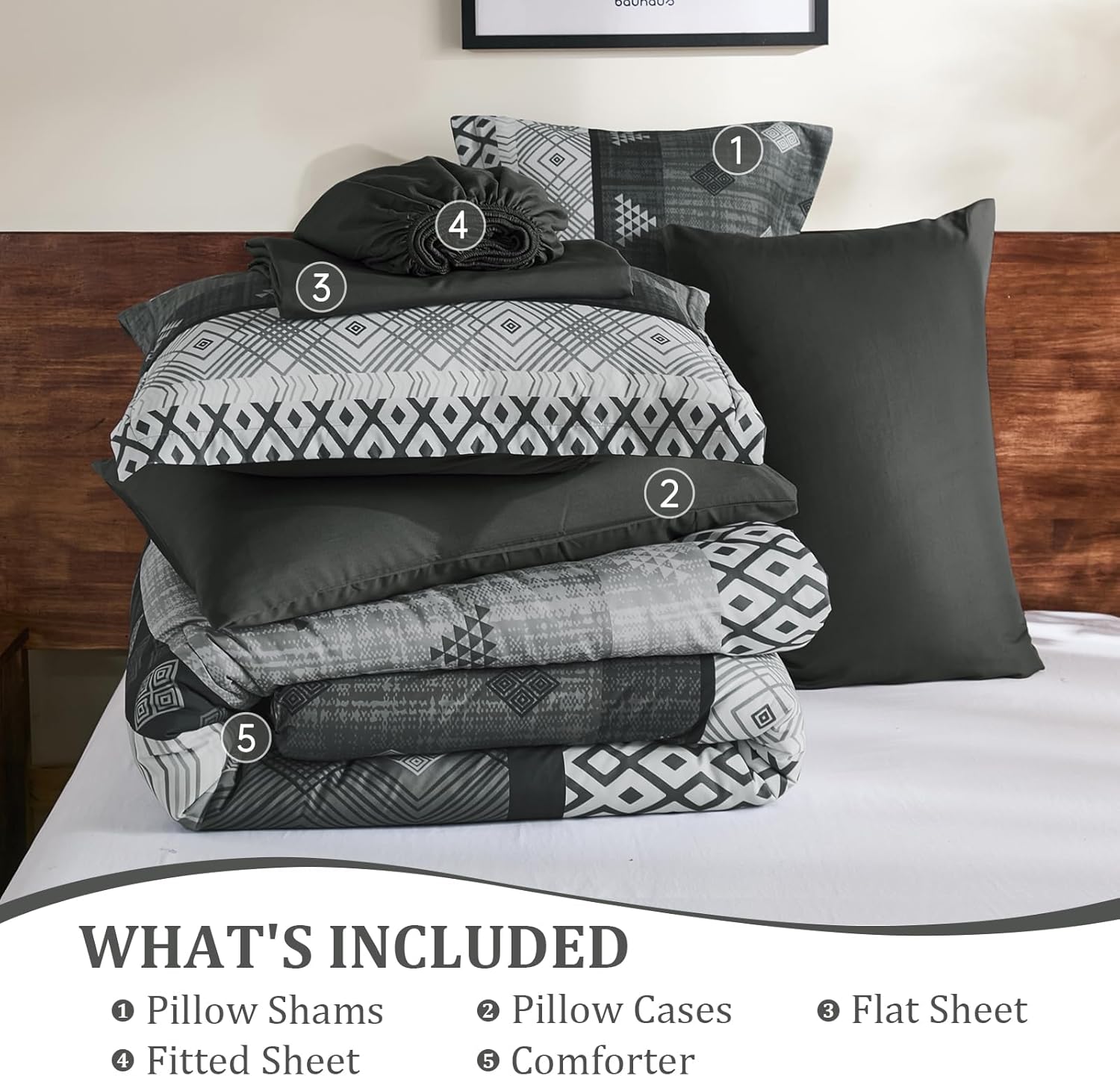 Xruibed Grey Queen Comforter Set 7 Pieces, Gray Boho Striped Bed in a Bag Queen Size Soft Microfiber All Season Bedding Set with Comforter, Sheets, Pillowcases & Shams(90"×90")