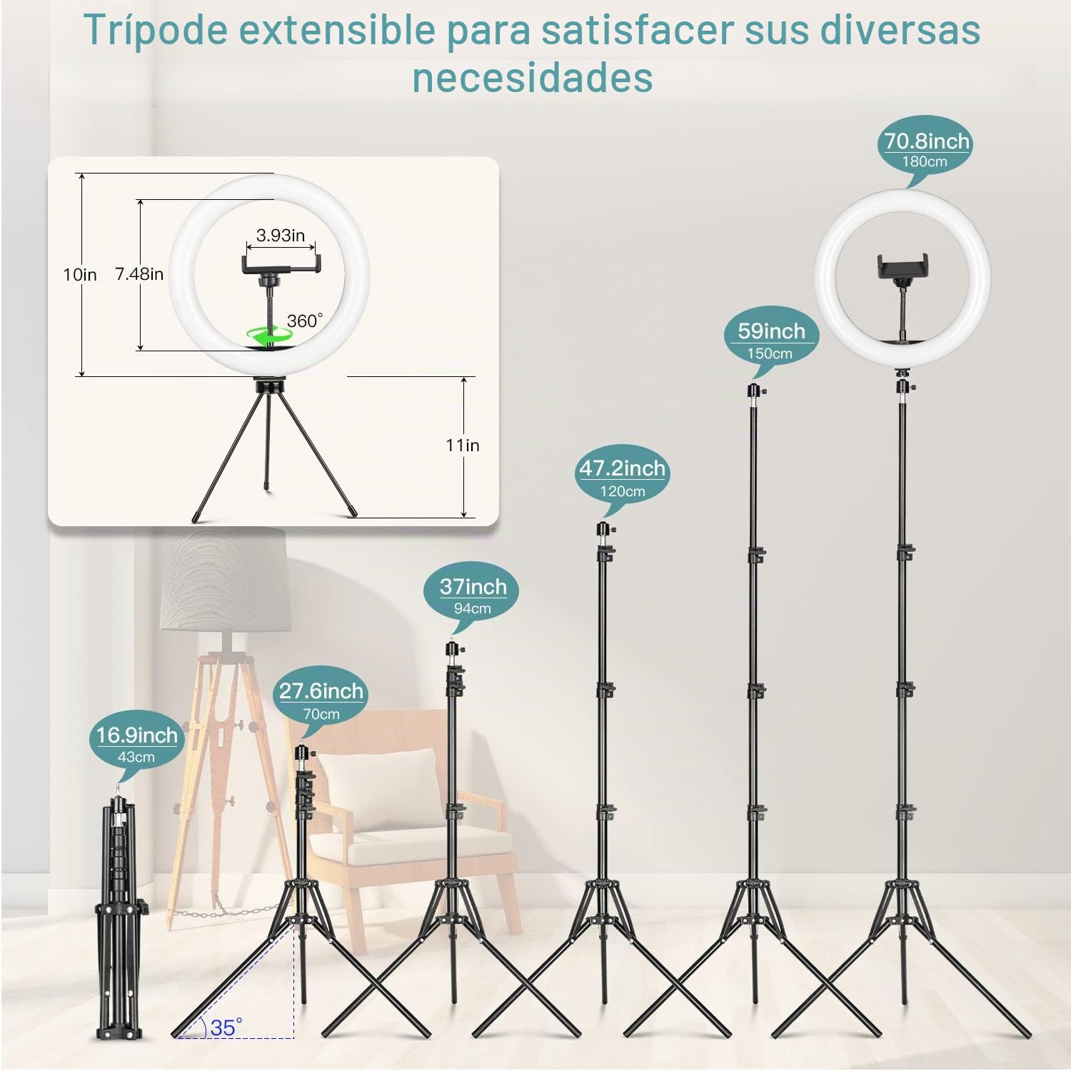 Aro de Luz con Tripode, 10'' Luz de Anillo LED con un Trípode 49-180cm, 3 Colores 10 Brillos Regulables, Aro de Luz con Bluetooth Control Remoto para Selfie Maquillaje Youtube TIK Tok