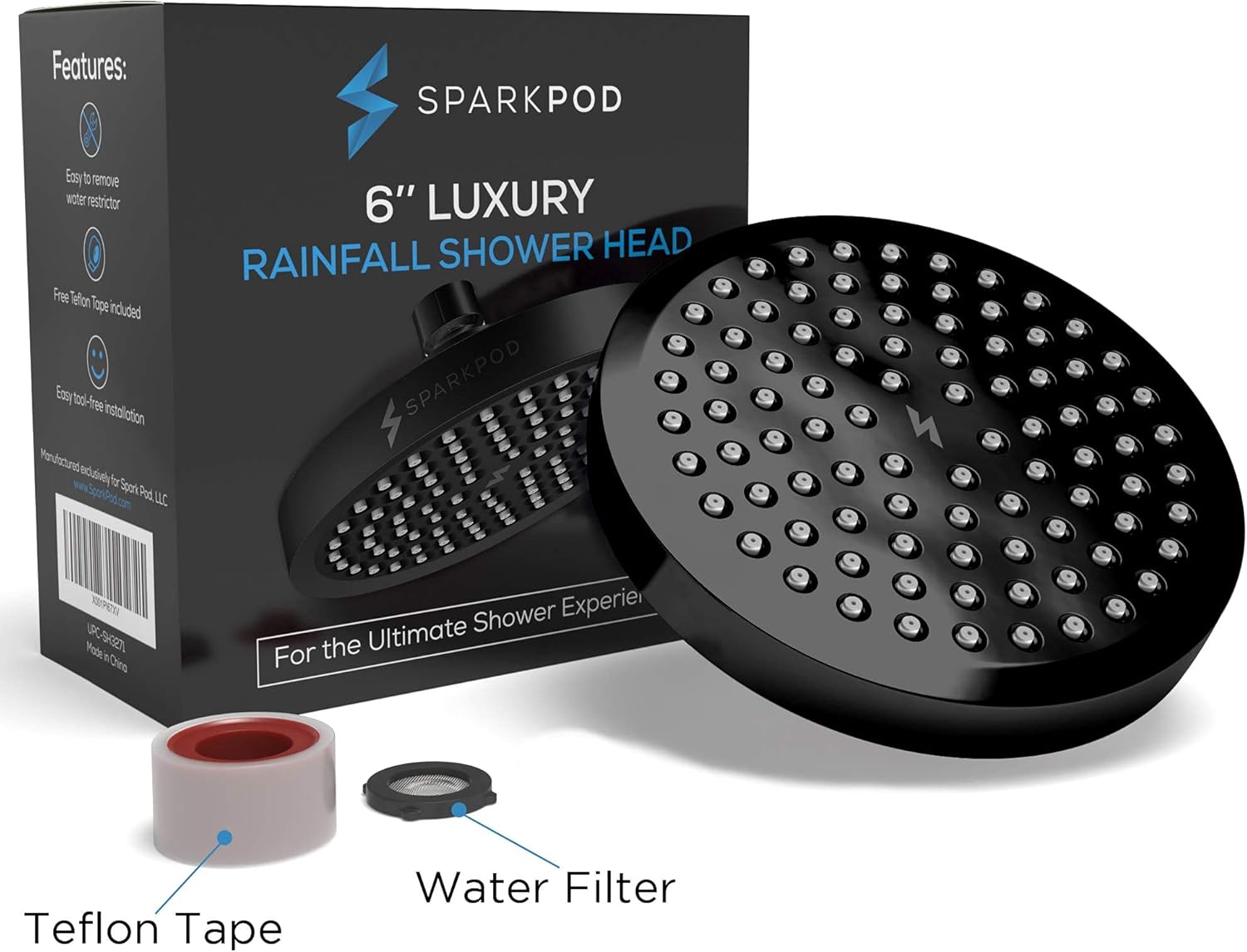 SparkPod Rain Shower Head and SparkPod Shower Arm Extension - Both in Black Matte